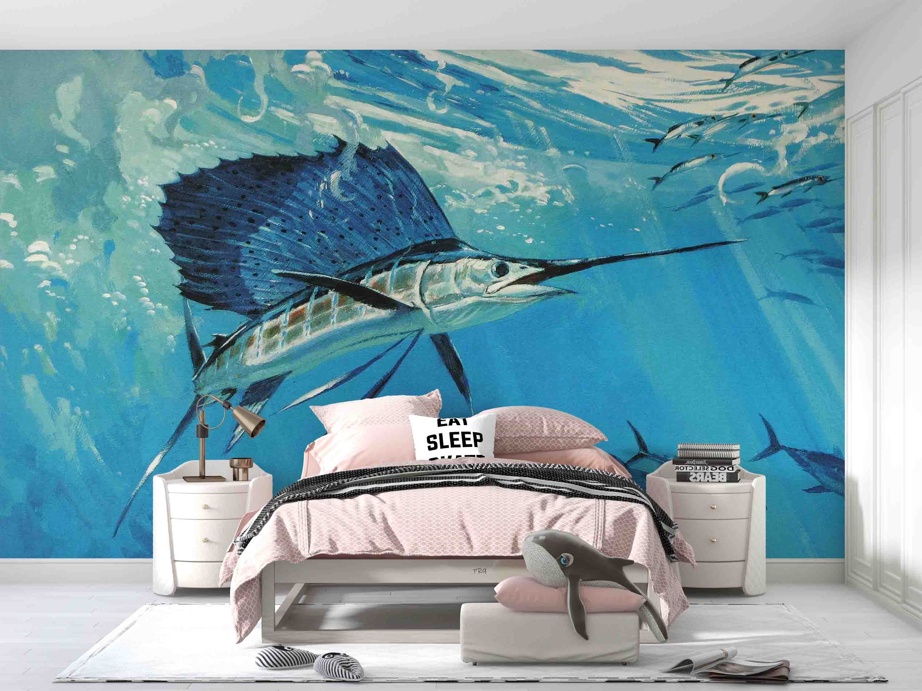3D Blue Sea Fish underwater tuna fish scene wall mural wallpaper for kids room