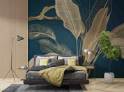 3D Vintage Gold Tropical Leaf Blue Background Wall Mural Wallpaper GD 5587- Jess Art Decoration