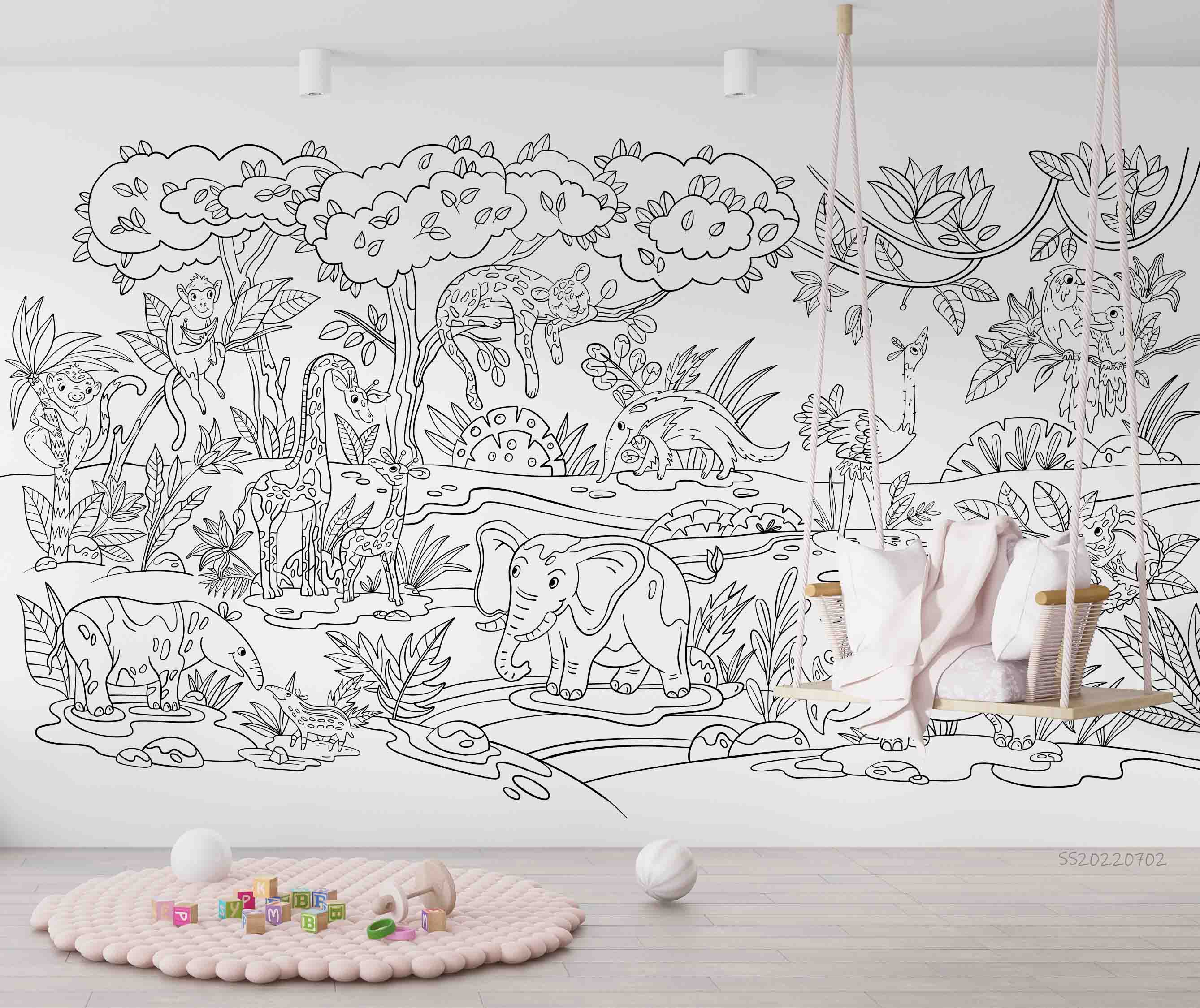 3D Cartoon Graffiti Tropical Animals Birds Trees Wall Mural Wallpaper GD 5104- Jess Art Decoration