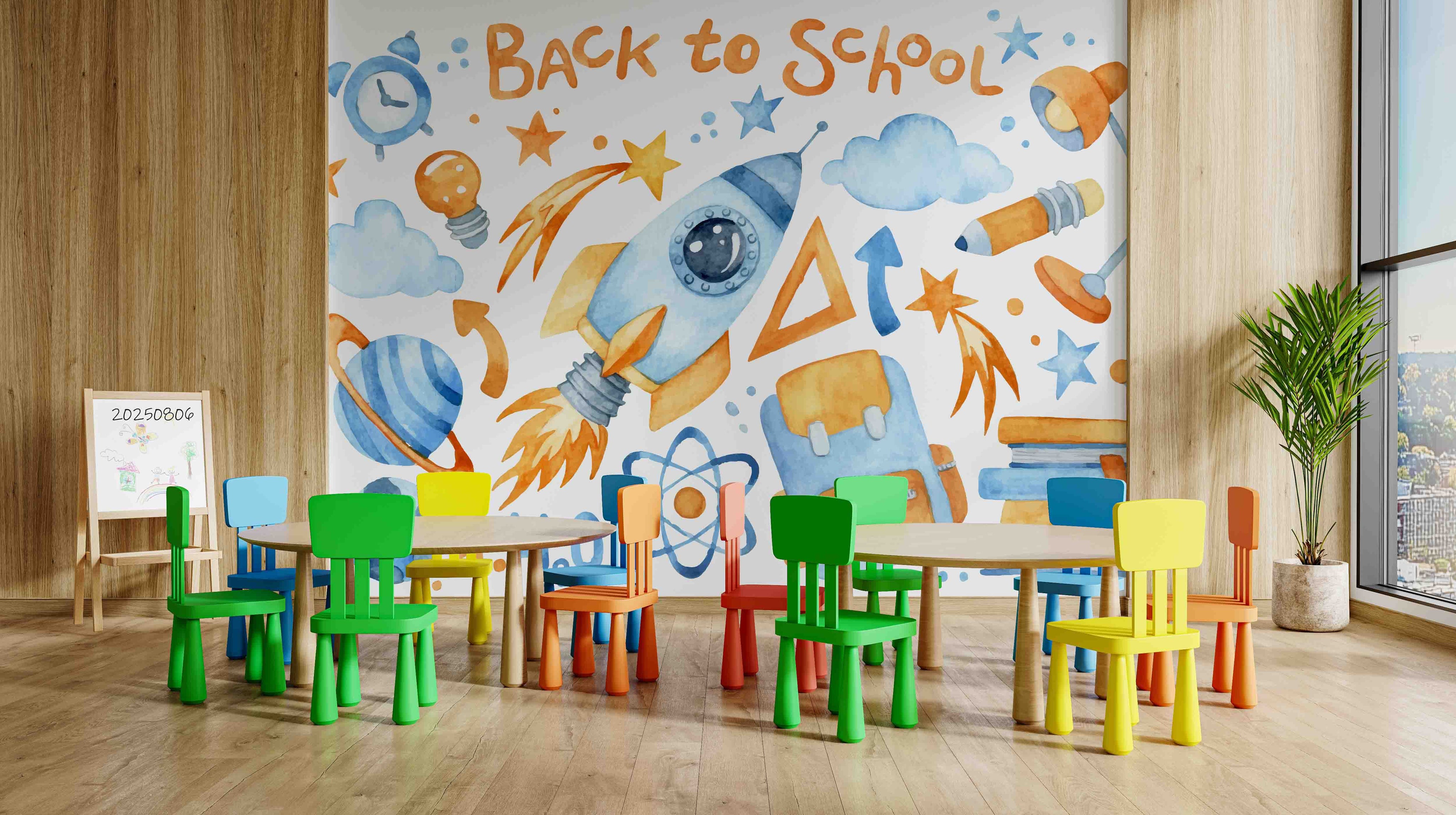 3D Childcare Nursery School Cartoon Kids Rocket Planet UniverseWall Mural Wallpaper JN