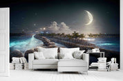 3D Promenade Beach Palm Tree Night Full Moon Sky Wall Mural Wallpaper GD 3050- Jess Art Decoration