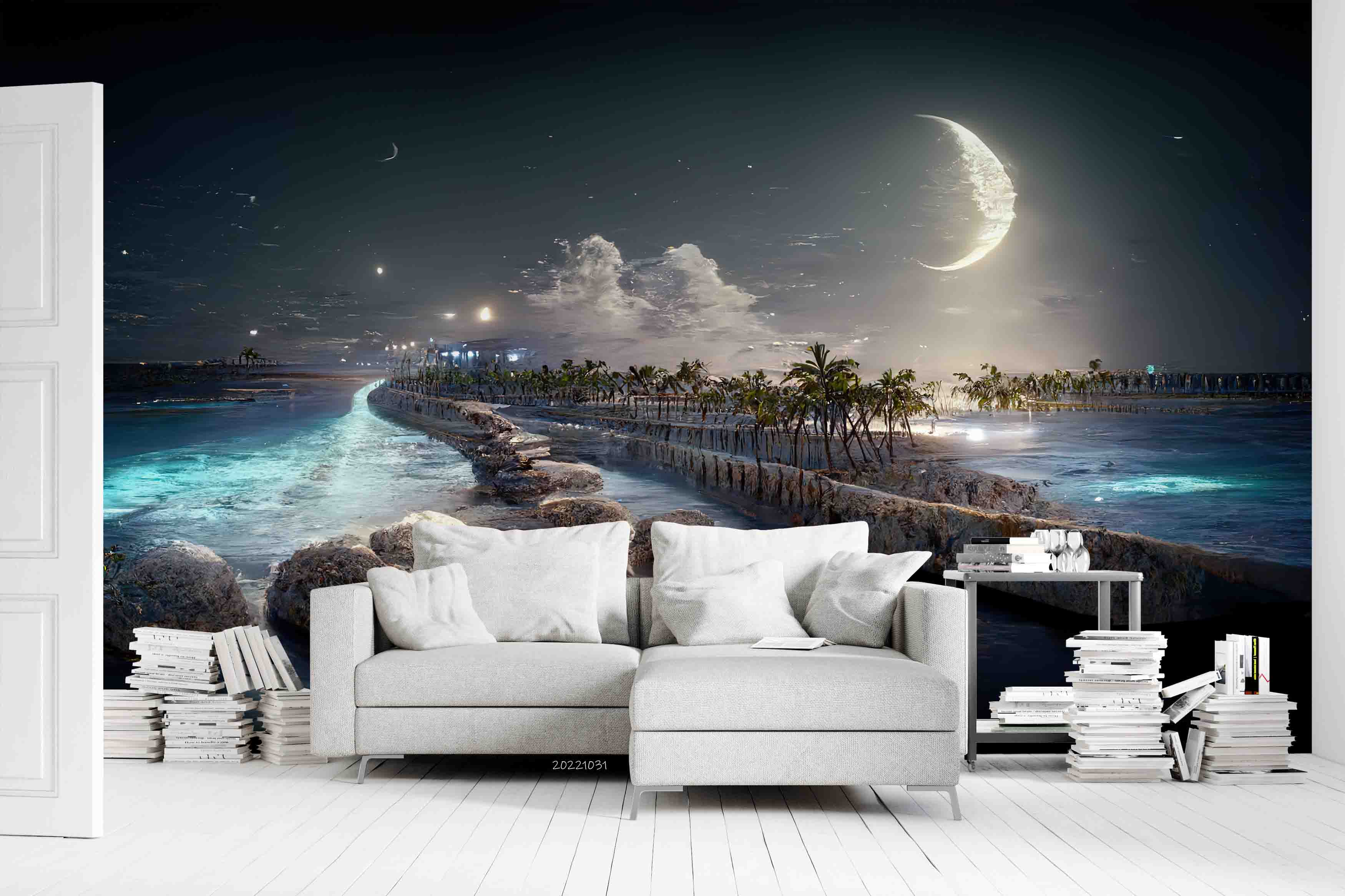 3D Promenade Beach Palm Tree Night Full Moon Sky Wall Mural Wallpaper GD 3050- Jess Art Decoration
