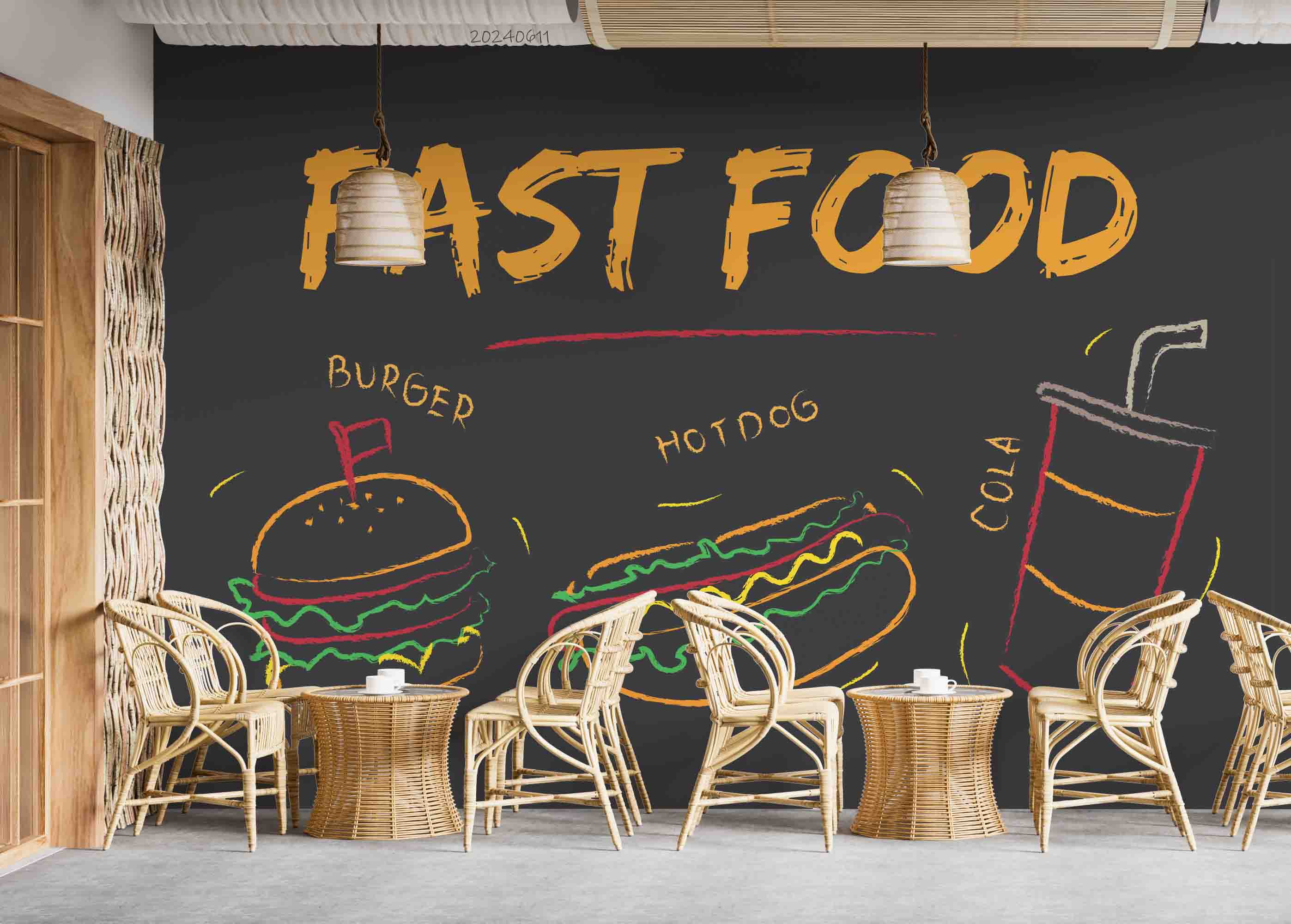 3D Hamburger Drinks Letter Hot Dog Buns Black Wall Mural Wallpaper YXL 253
