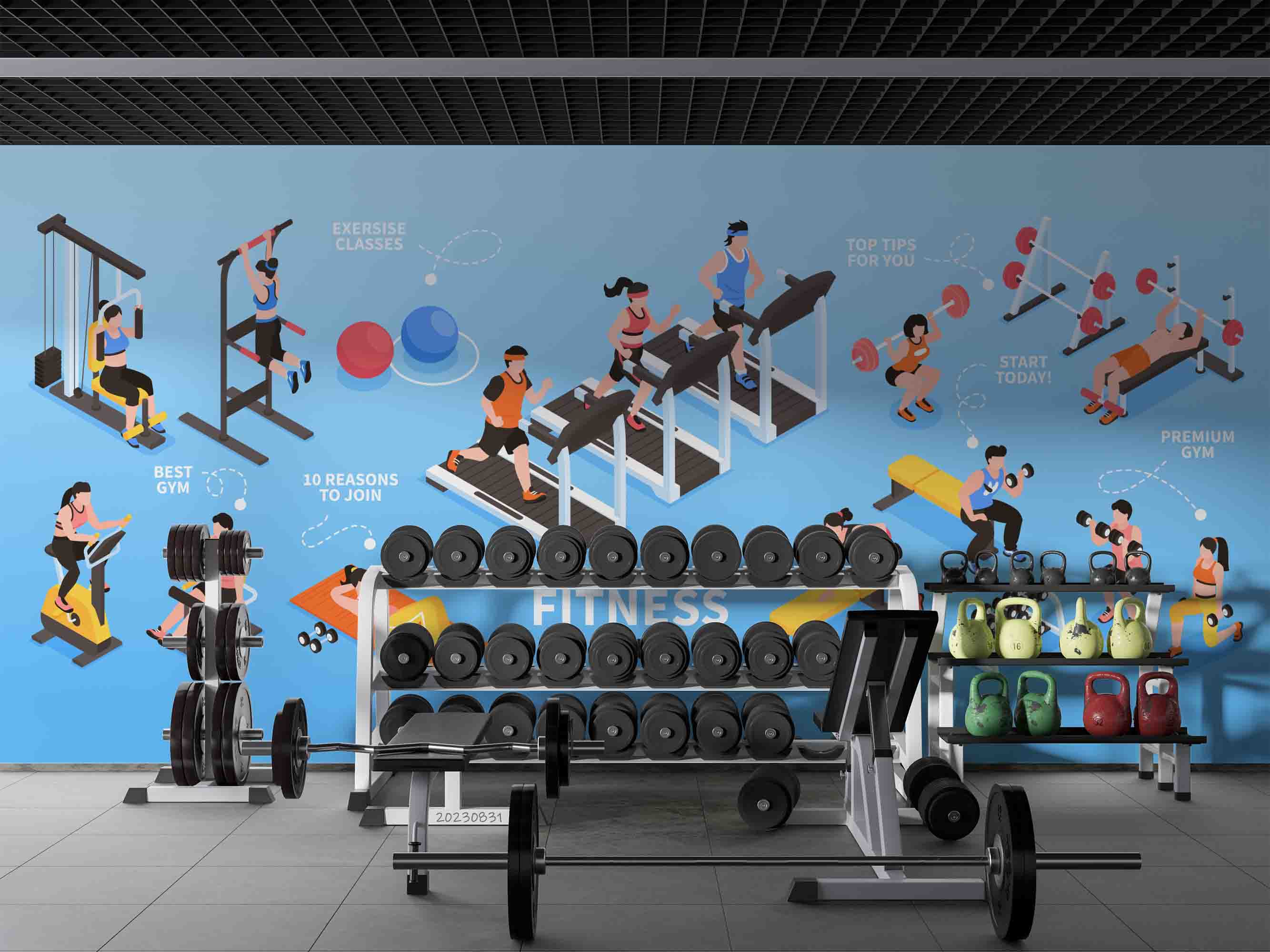 3D Gym Bike Treadmill Horizontal Bar Dumbbell Wall Mural Wallpaper YXL 2393