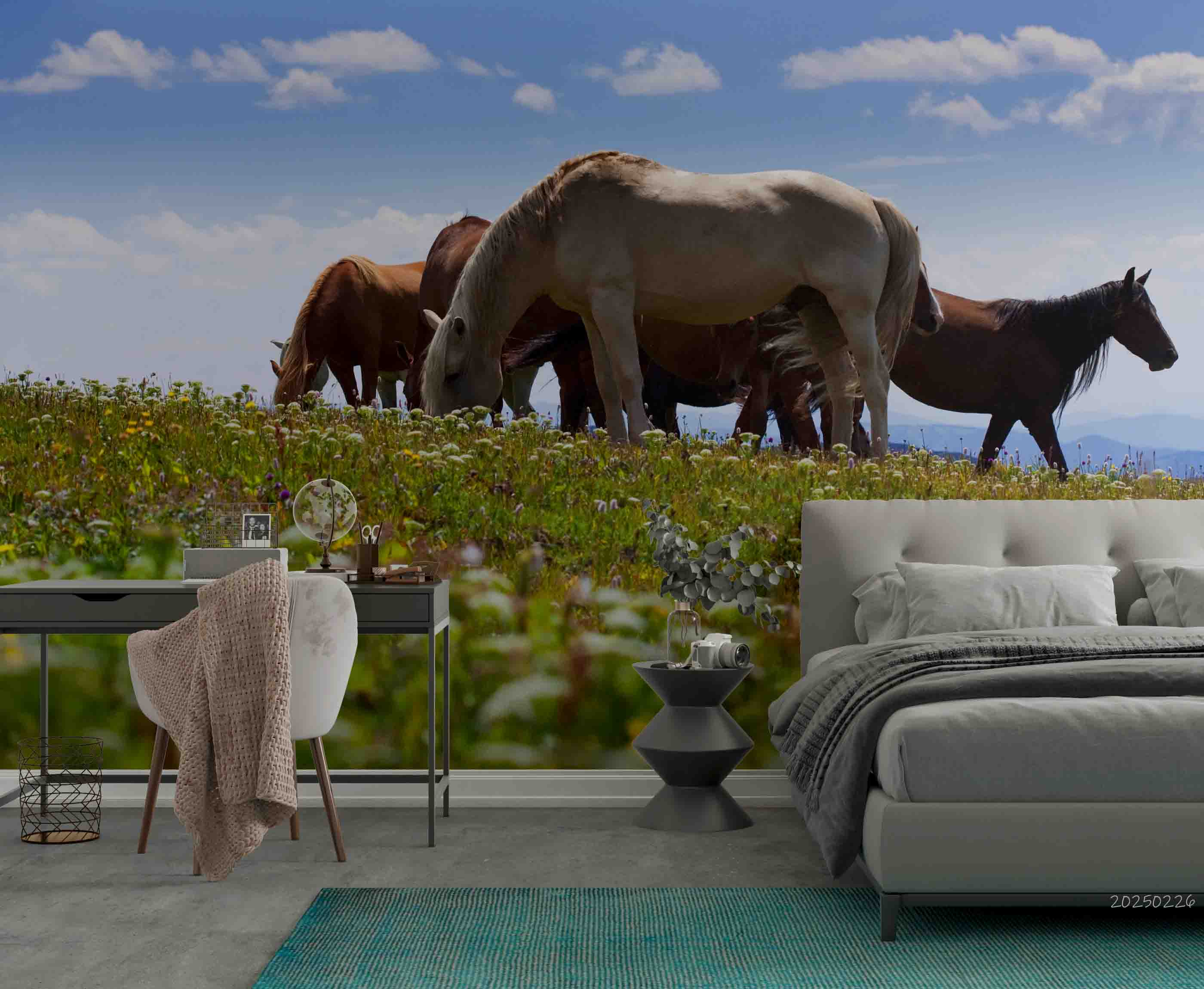 3D Blue Sky Grassland Floral Animal Horse Wallpaper Wall Mural Wall Decor Wall Art Wall Sticker Remoable Wallpaper LQH