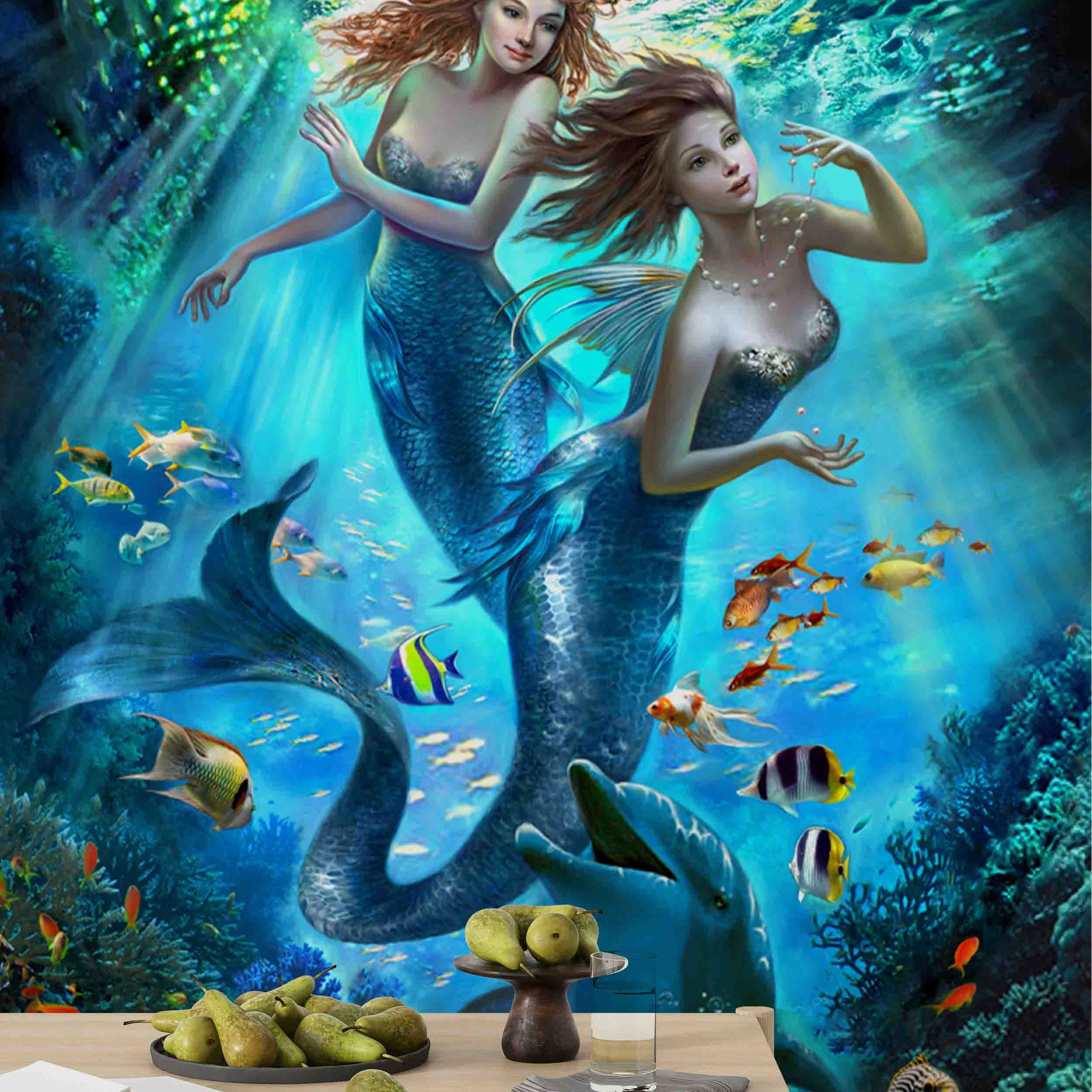 3D Mermaid Ocean World fantasy mermaid underwater scene wall mural wallpaper for kids room
