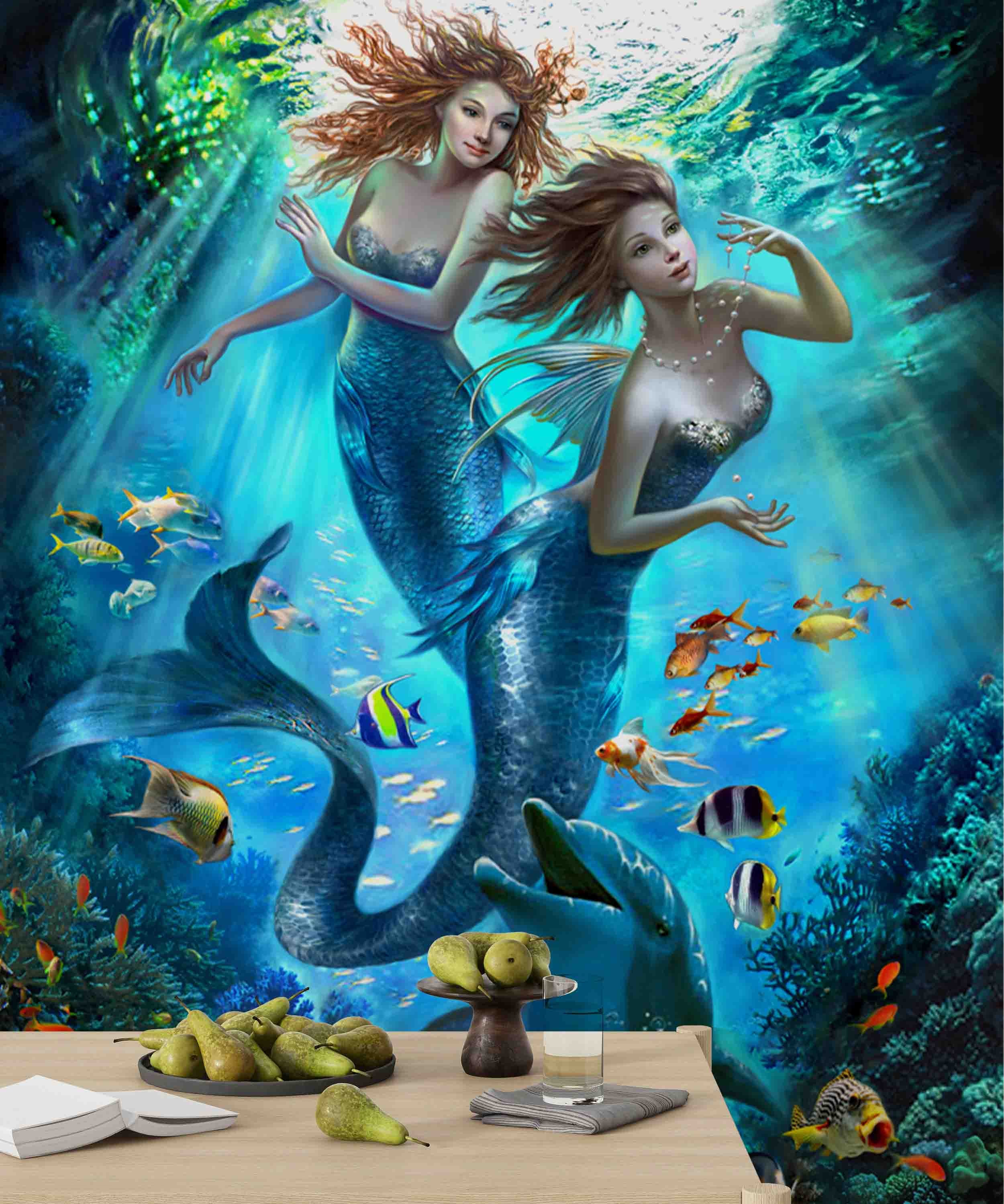 3D Mermaid Ocean World fantasy mermaid underwater scene wall mural wallpaper for kids room