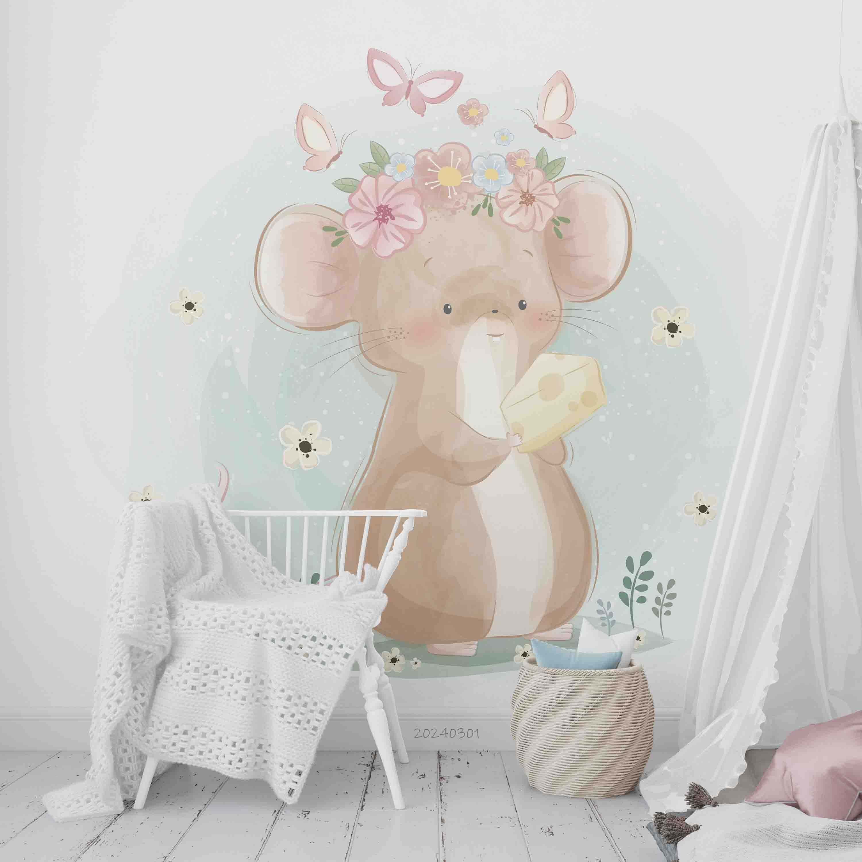 3D Cartoon Animal Mouse Butterfly Floral Kids Wallpaper Wall Mural Wall Decor Wall Art Wall Sticker Remoable Wallpaper