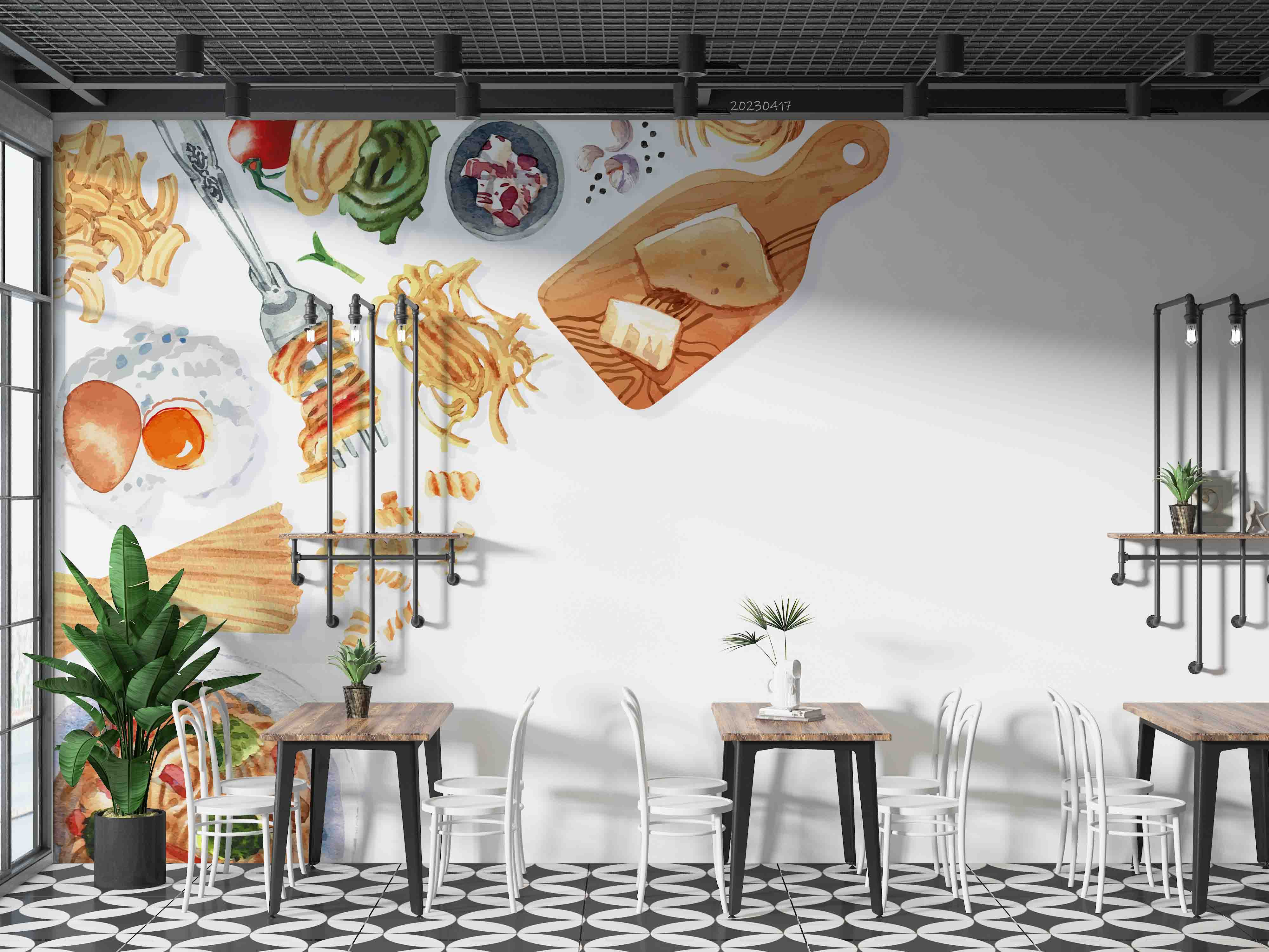 3D Pasta Design Fork Macaroni Pasta Watercolor Illustration Wall Mural Wallpaper GD 5485- Jess Art Decoration
