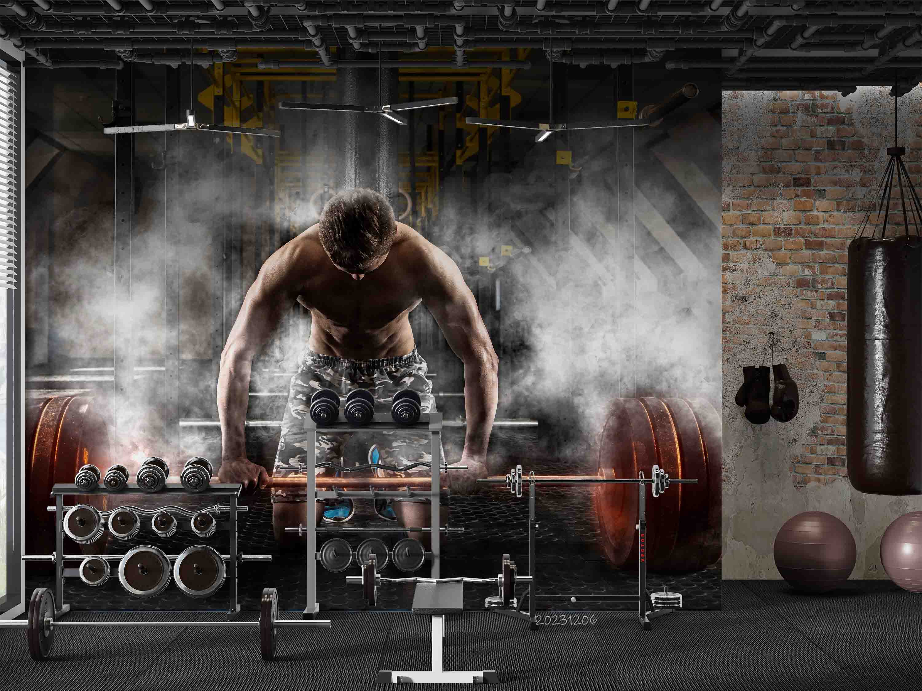 3D Man Weightlifting Abdominal Muscle Gym Wall Mural Wallpaper YXL 106