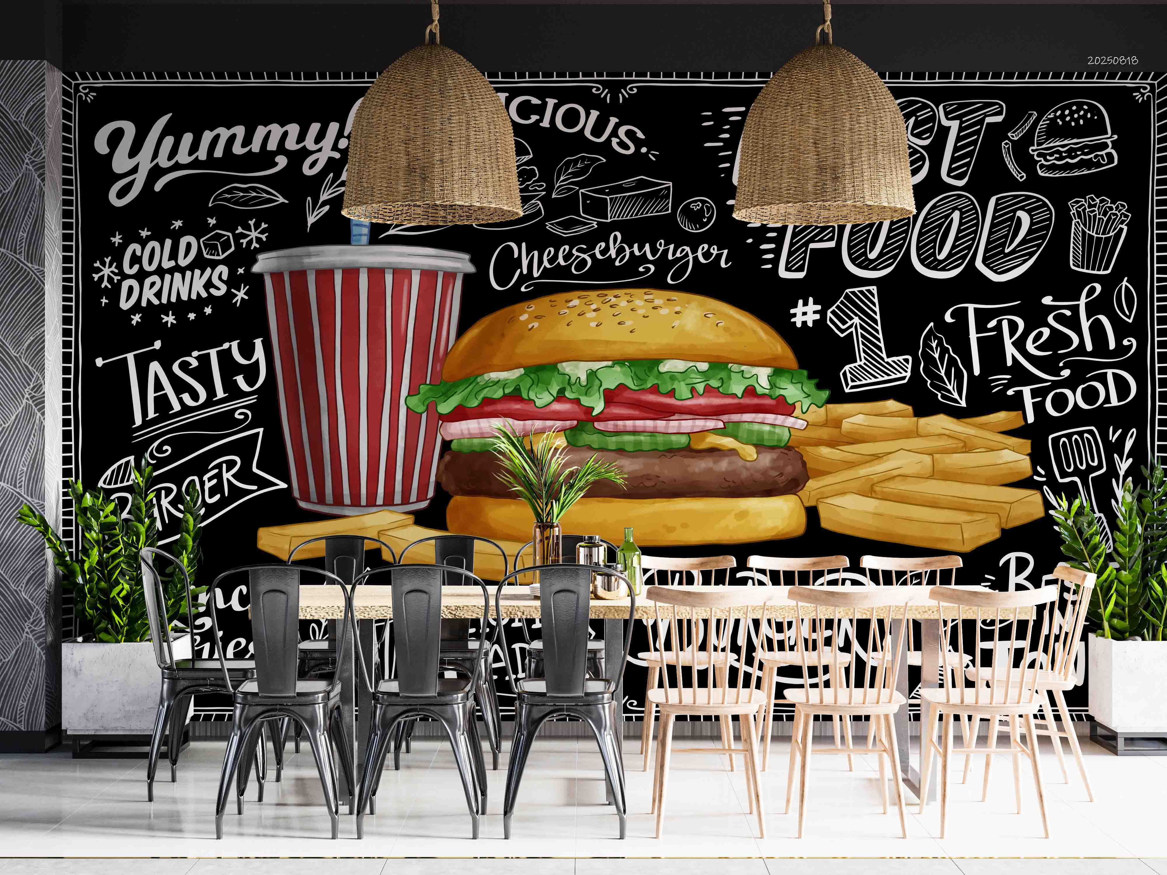 3D Restaurant Snack Bar Diner Fast Food Hamburger Chips Wall Mural Wallpaper 15