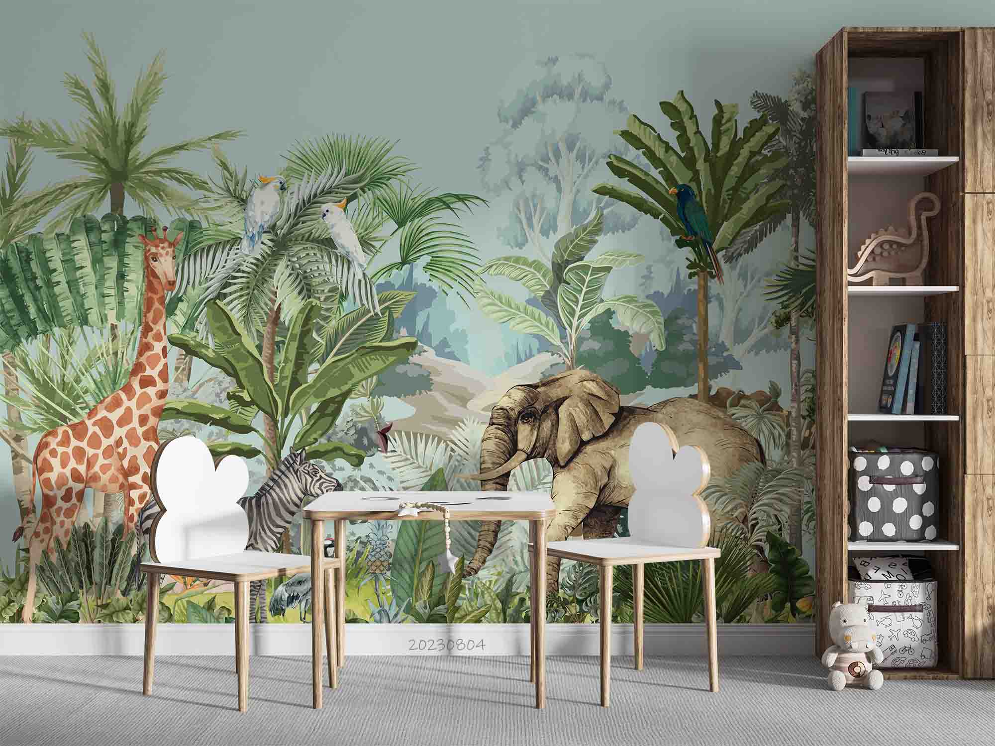 3D Animal Tree Parrot Elephant Giraffe Zebra Monkey Wall Mural Wallpaper YXL 2550
