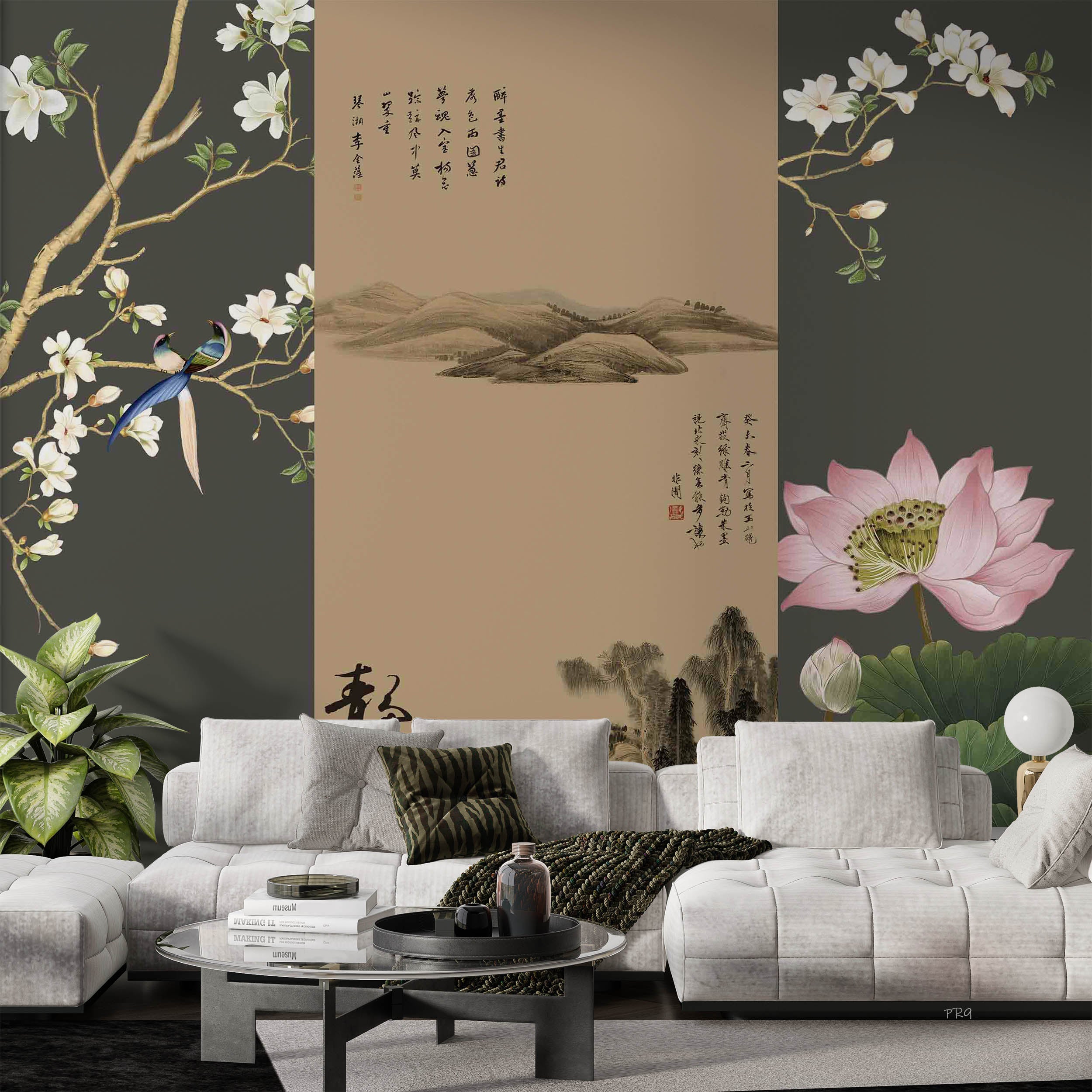 3D Chinese Landscape Painting Magnolia Bird Lotus Wall Mural Wallpaper GD 4649- Jess Art Decoration