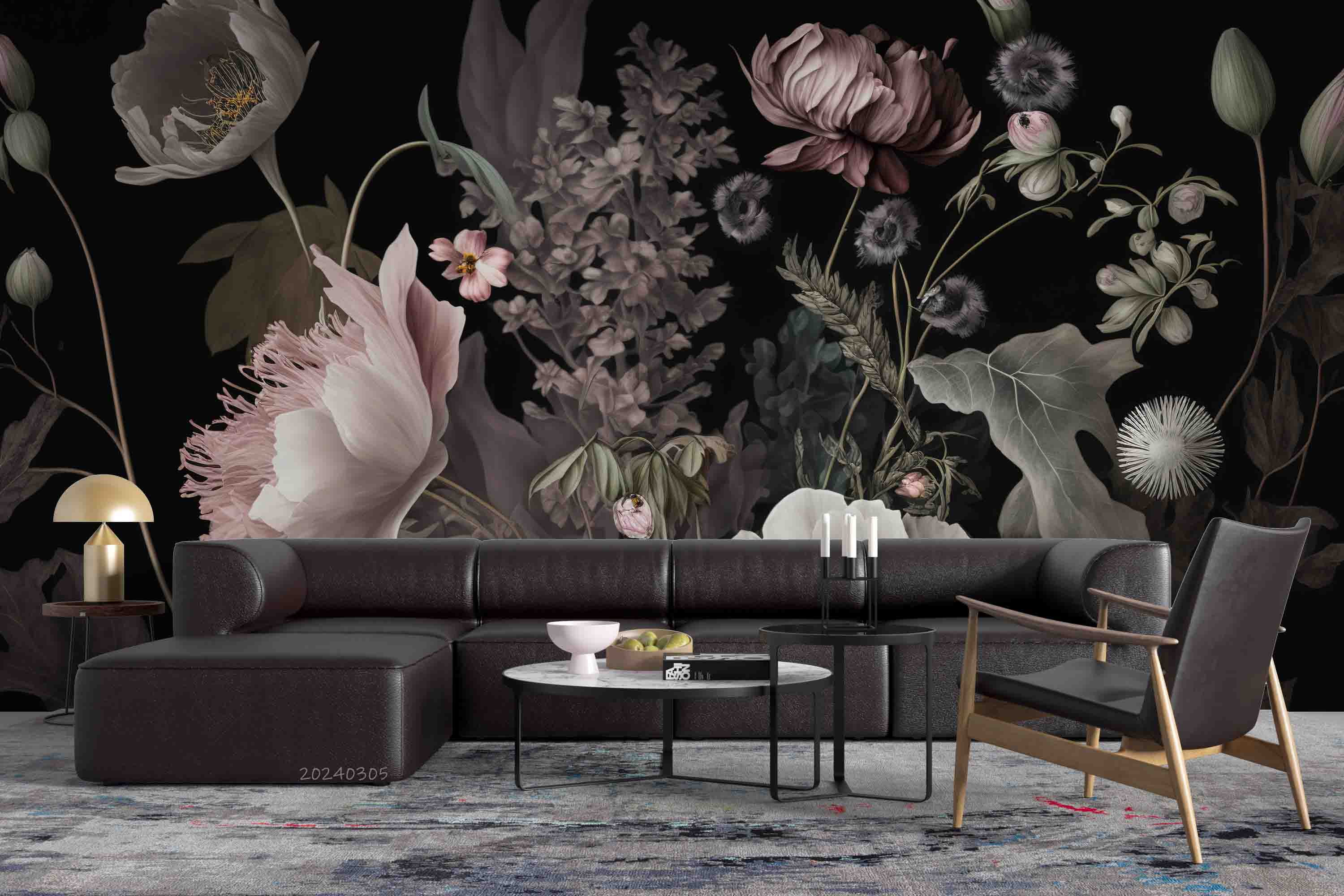 3D Pink Floral Leaves Bouquet Dark Background Wallpaper Wall Mural Wall Decor Wall Art Wall Sticker Remoable Wallpaper