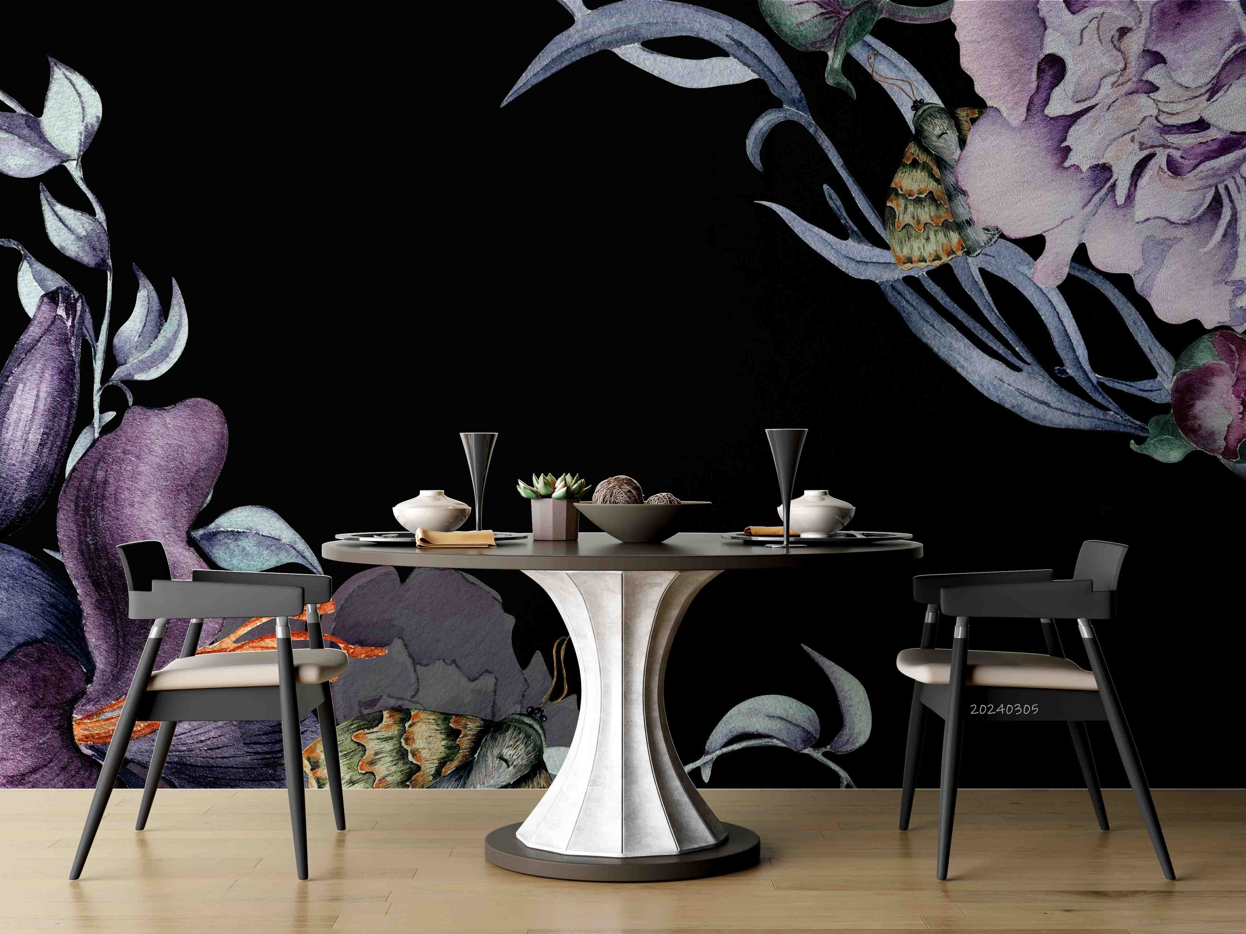 3D Purple Floral Leaves Dark Background Wallpaper Wall Mural Wall Decor Wall Art Wall Sticker Remoable Wallpaper