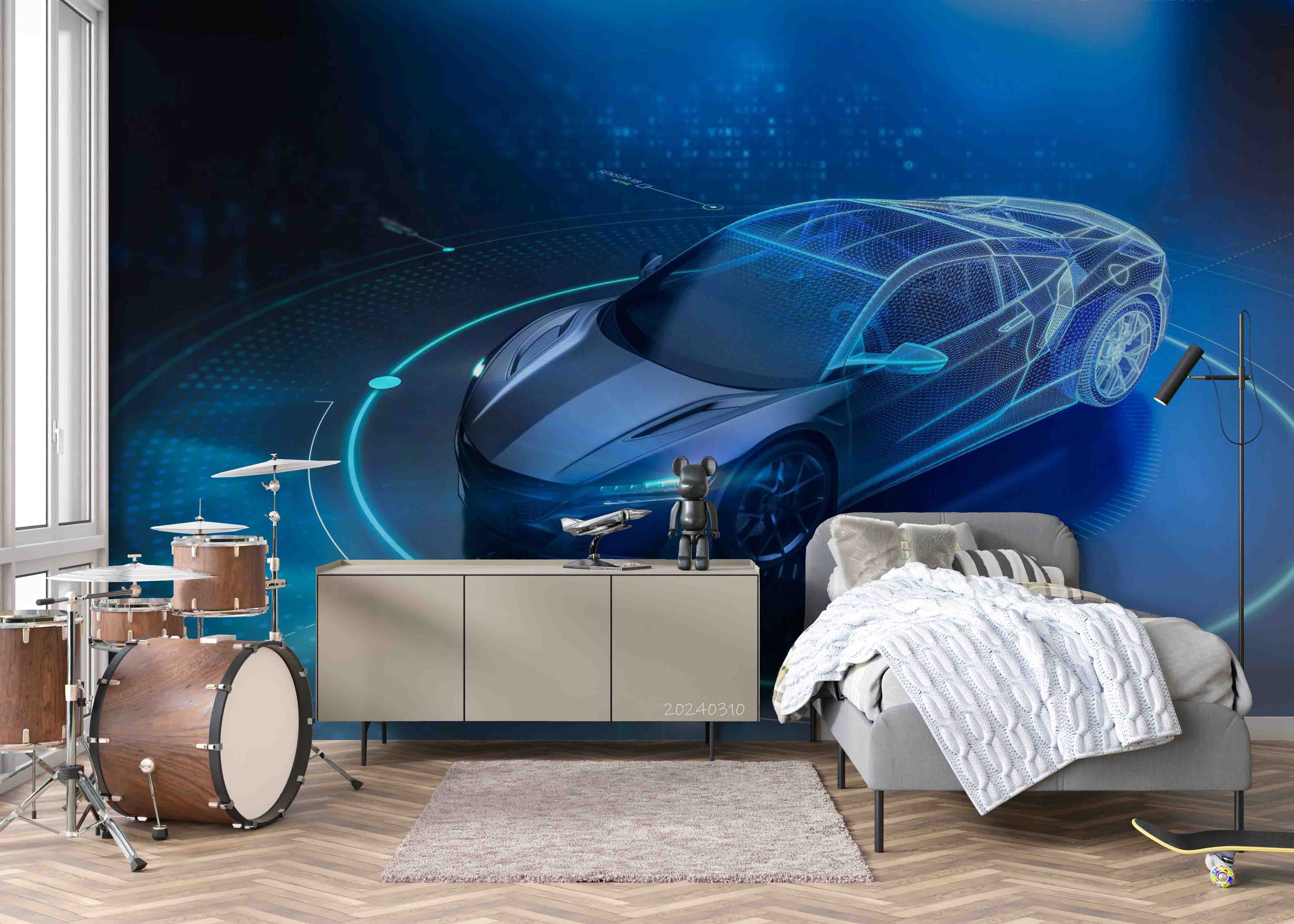 3D Blue Sports Car Wallpaper Wall Mural Wall Decor Wall Art Wall Sticker Remoable Wallpaper