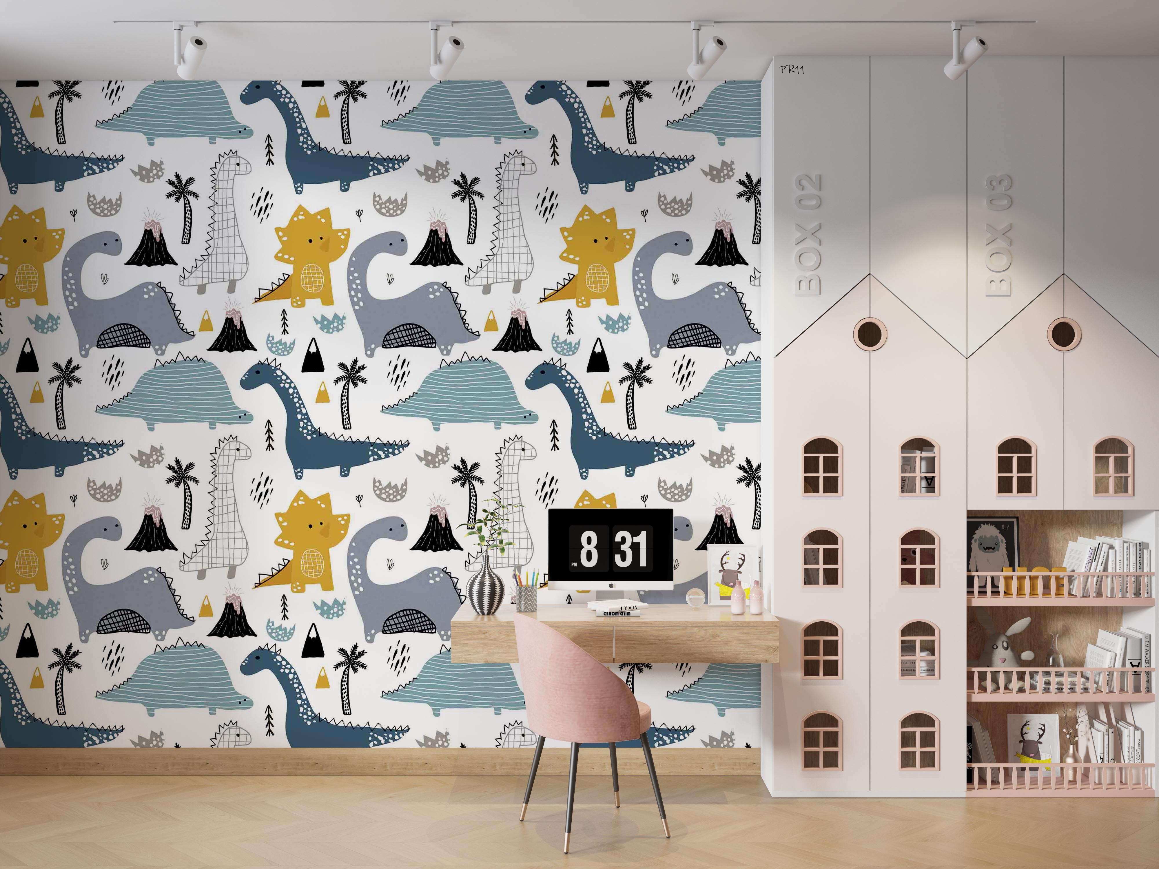 3D Cute Dinosaur Pattern cute dinosaur volcano pattern wall mural wallpaper for nursery - view 3