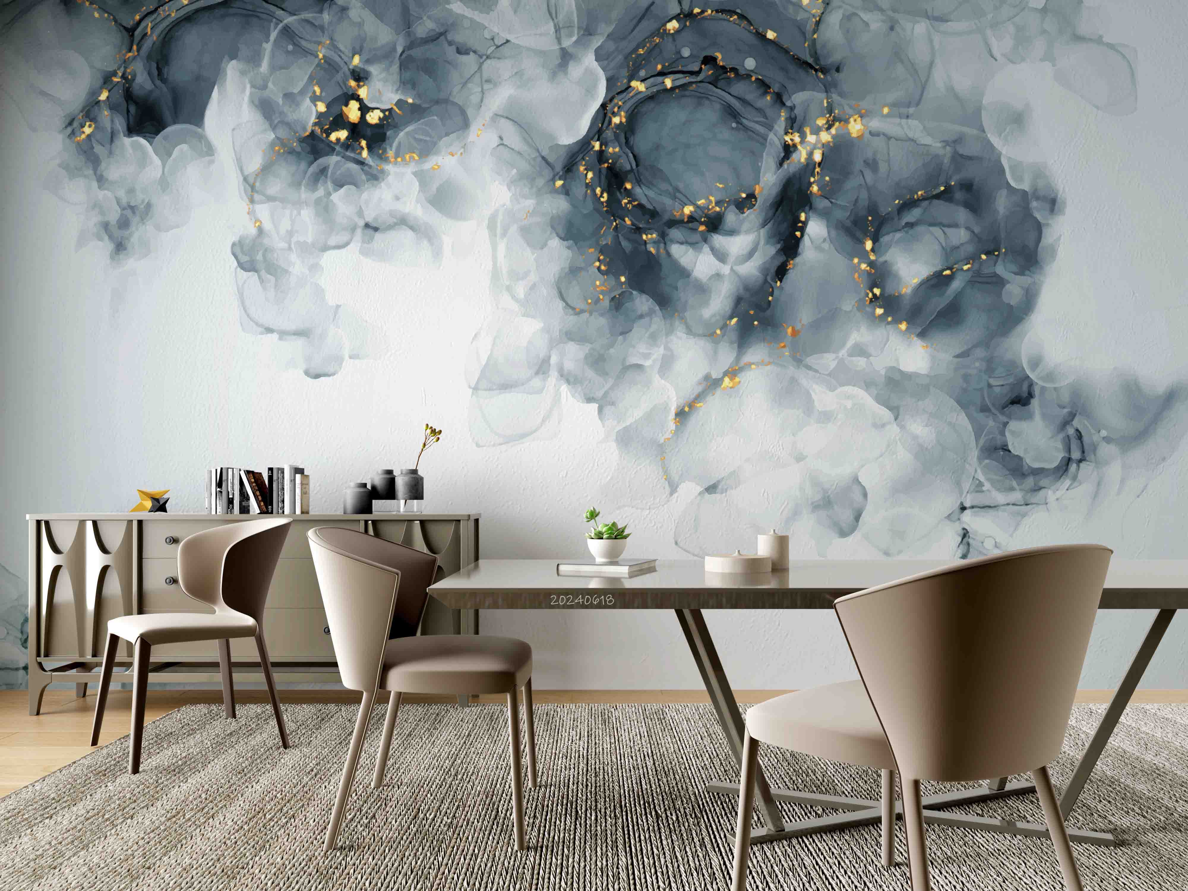 3D Abstract Damaskeen Float Gray Gold Dust Wall Mural Wallpaper YXL 595