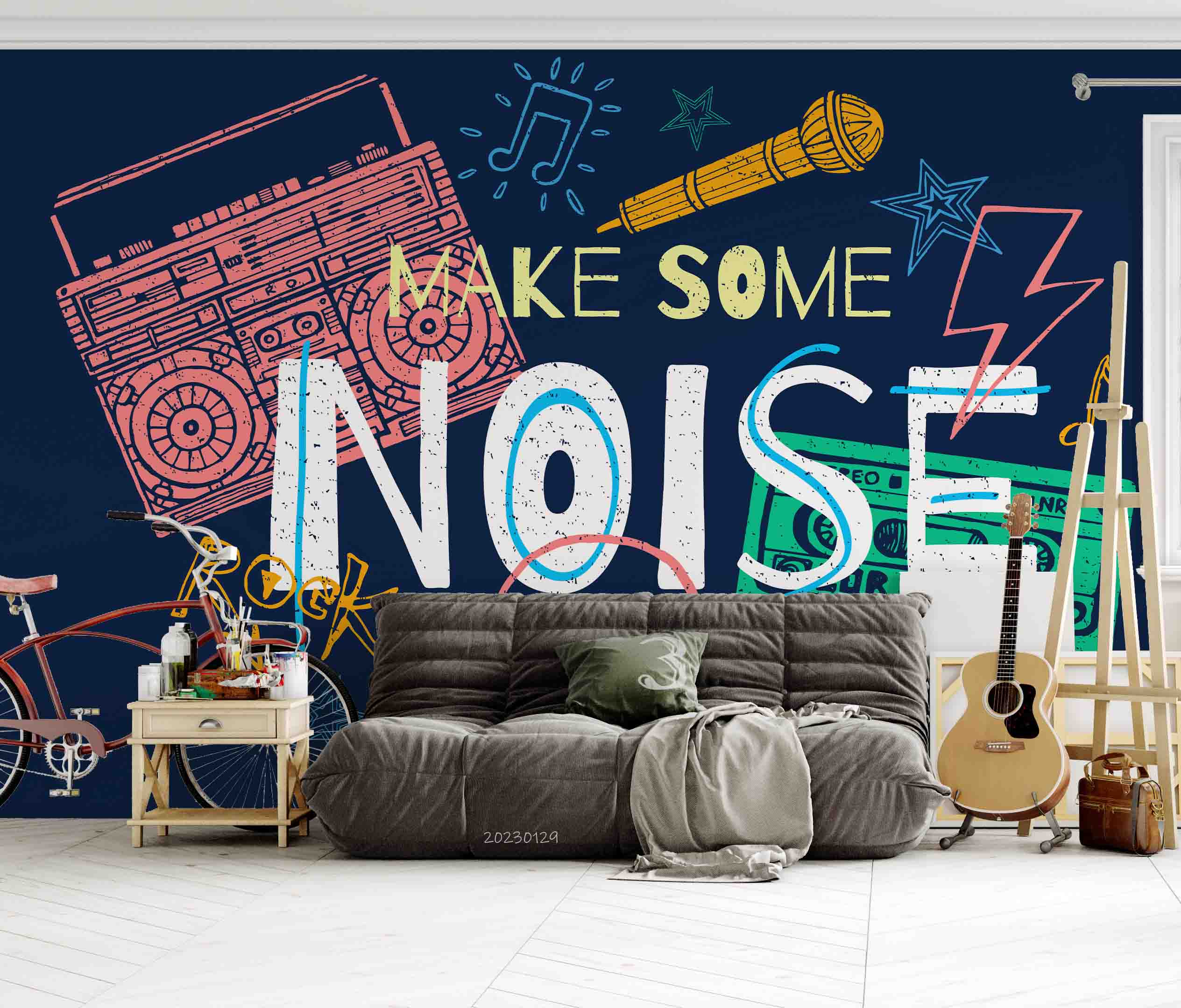 3D Pattern Letter Radio Tape Mike Yellow Pink Green Wall Mural Wallpaper YXL 22- Jess Art Decoration