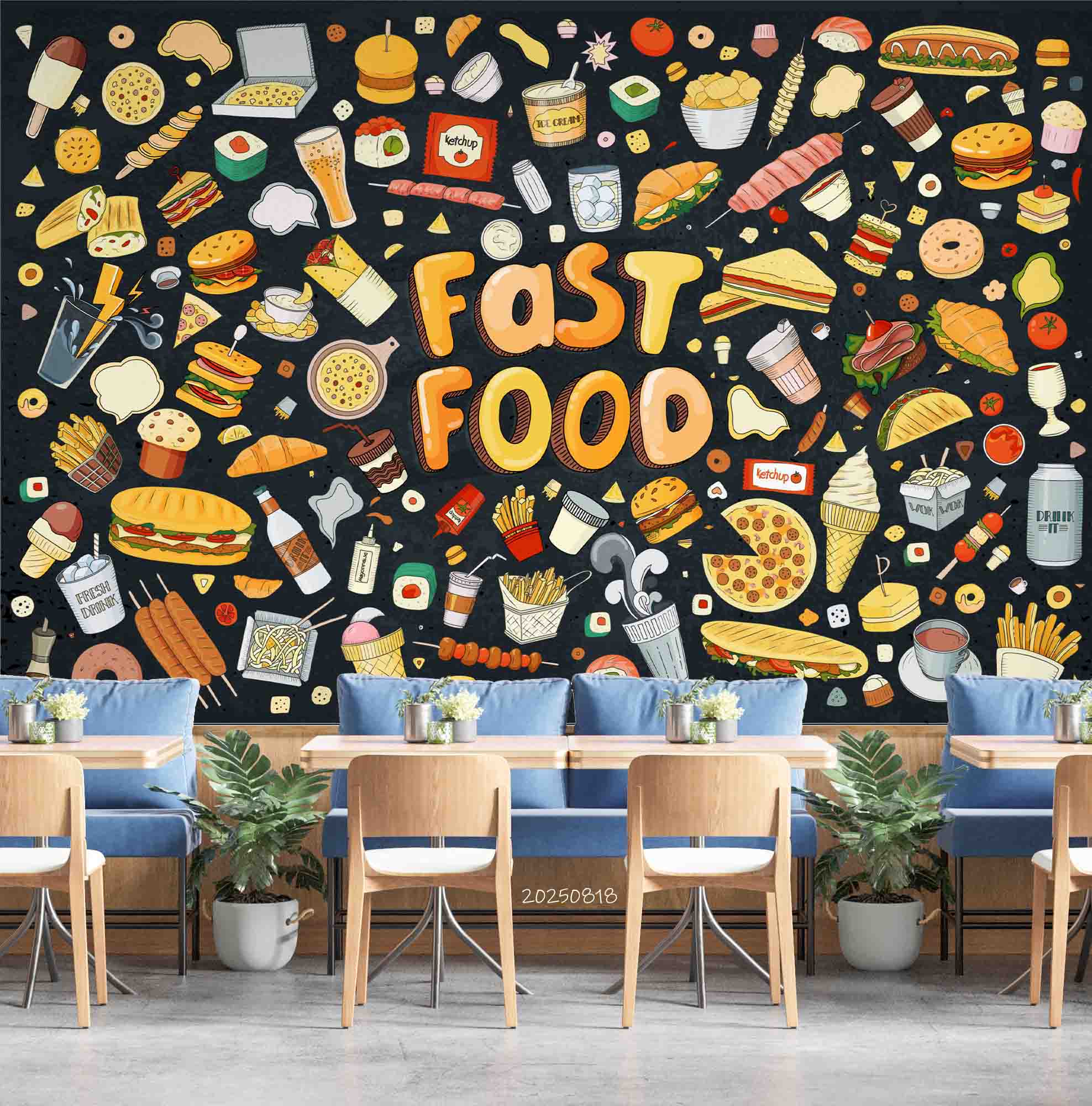 3D Restaurant Snack Bar Diner Fast Food Hamburger Cips Hot Dog Wall Mural Wallpaper 6