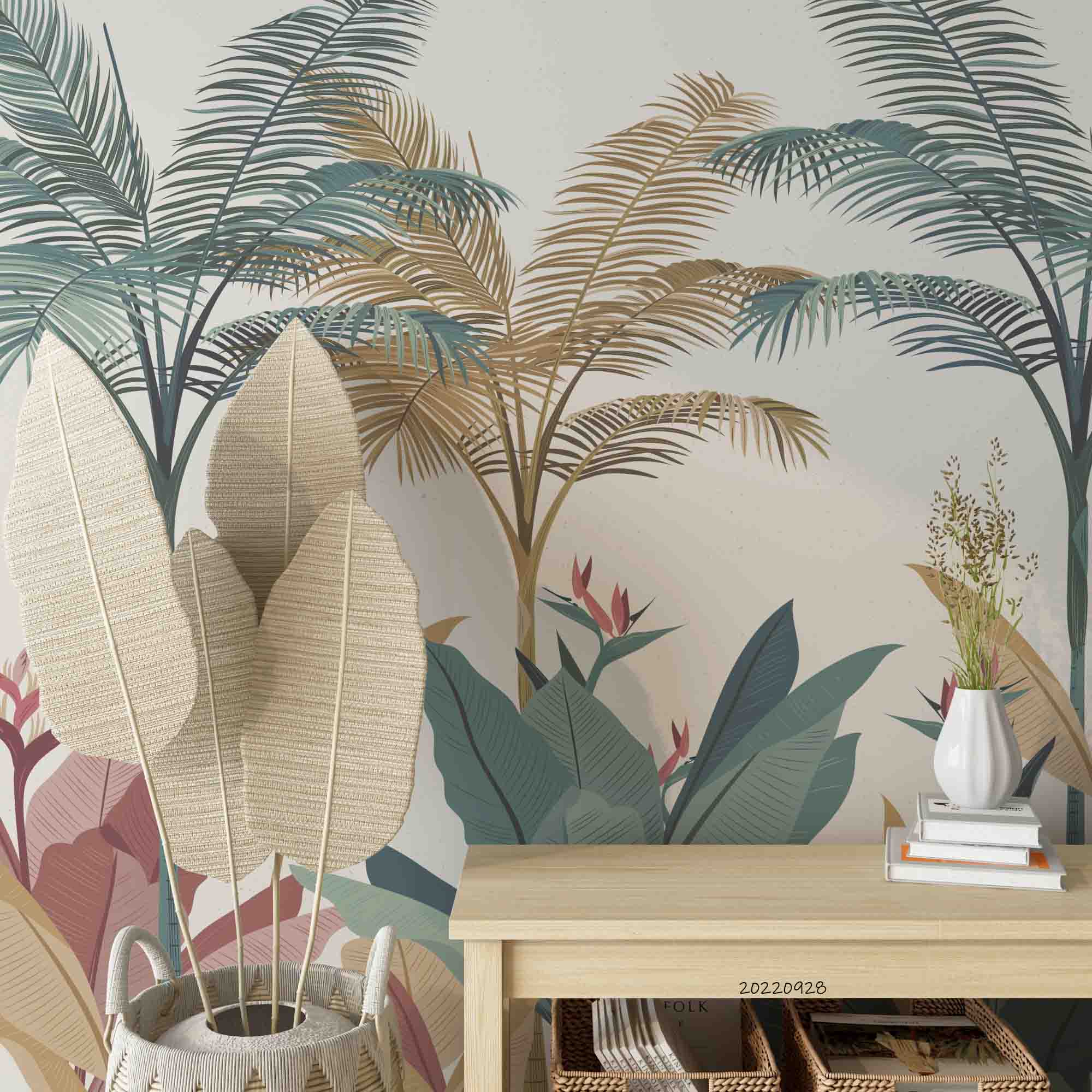 3D Tropical Watercolor Coconut Tree Leaves Wall Mural Wallpaper GD 3317- Jess Art Decoration