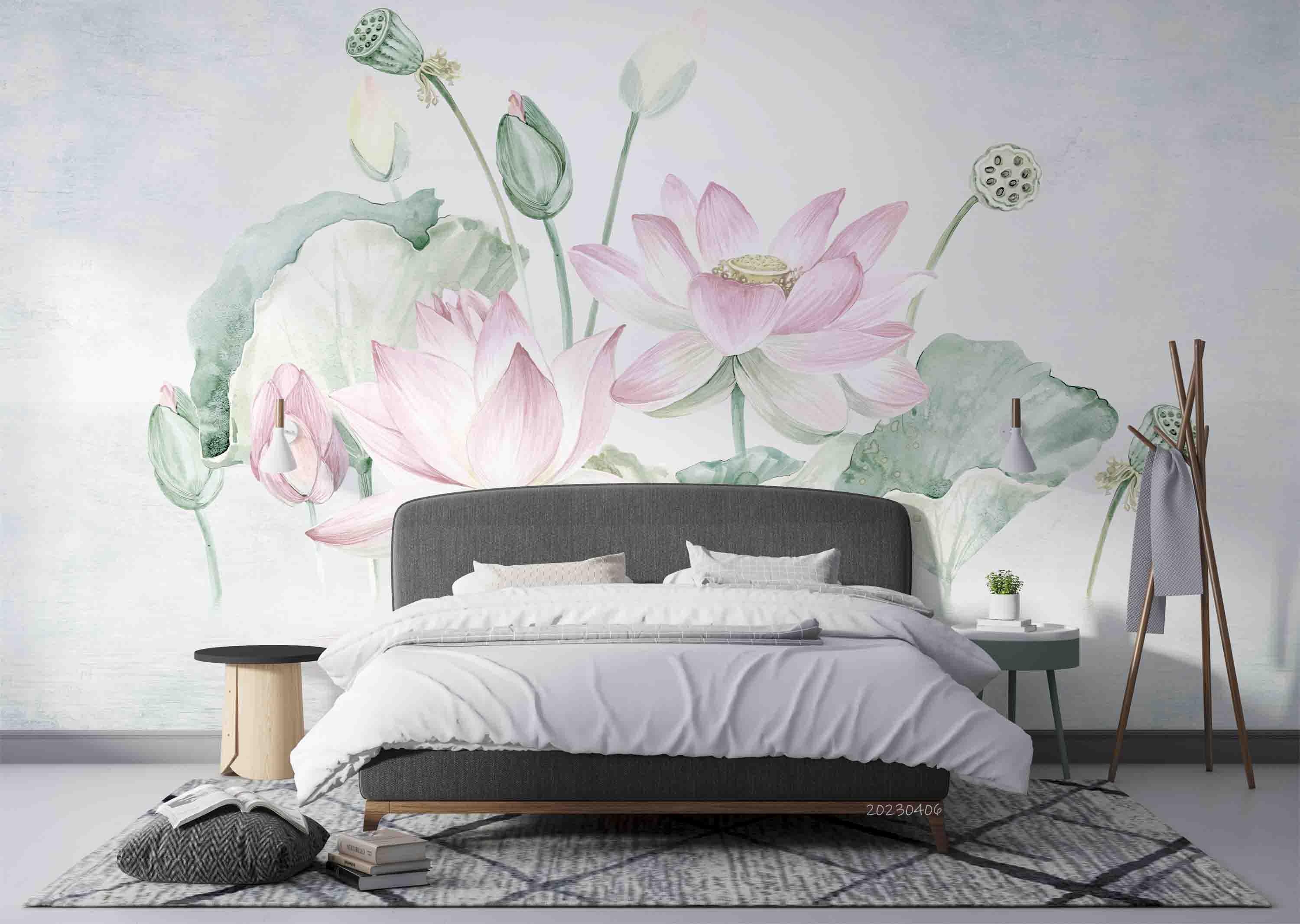 3D Watercolor Plant Pink Lotus Leaves Wall Mural Wallpaper GD 5590- Jess Art Decoration