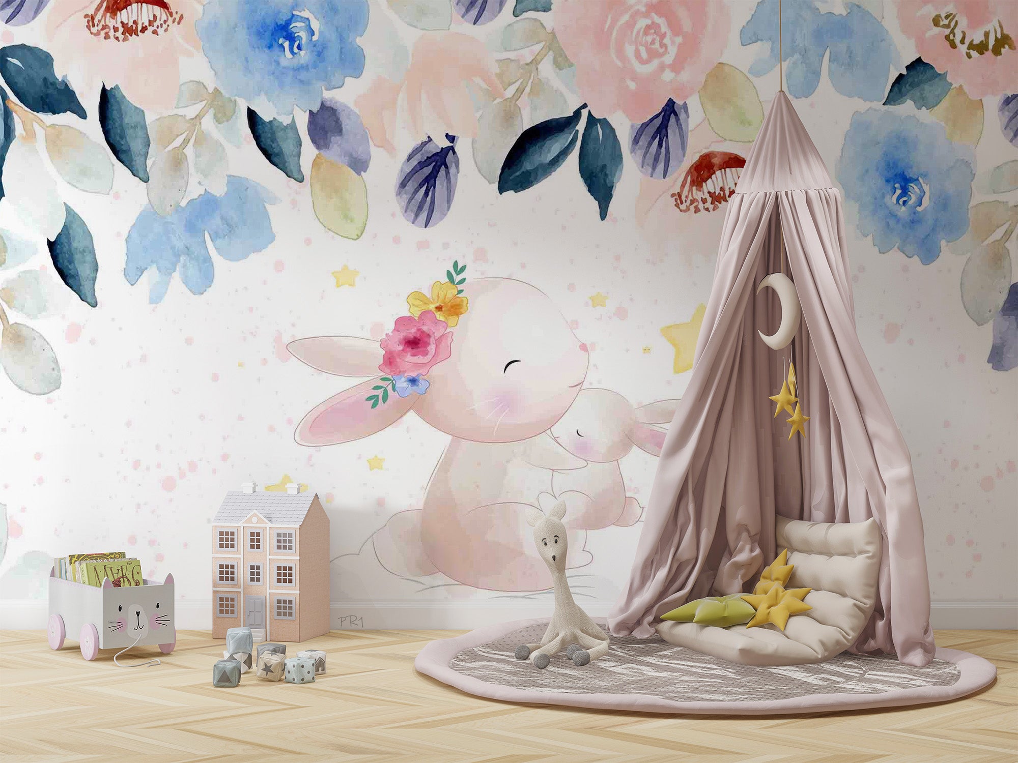 3D Cartoon Watercolor Animal Rabbit Floral Leaf Kids Wall Mural Wallpaper GD 3772- Jess Art Decoration