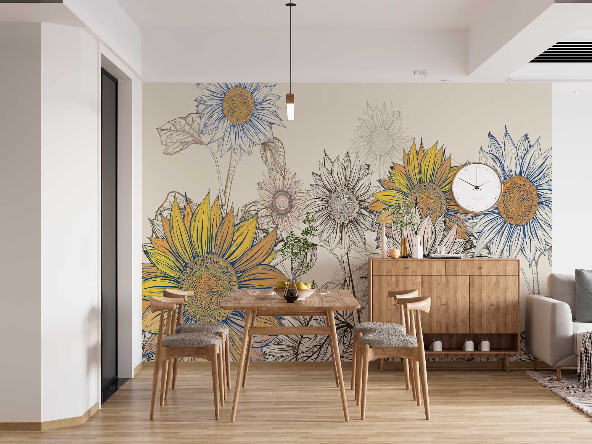 3D Freehand Sketching Sunflower Leaf Wall Mural Wallpaper YXL 2855