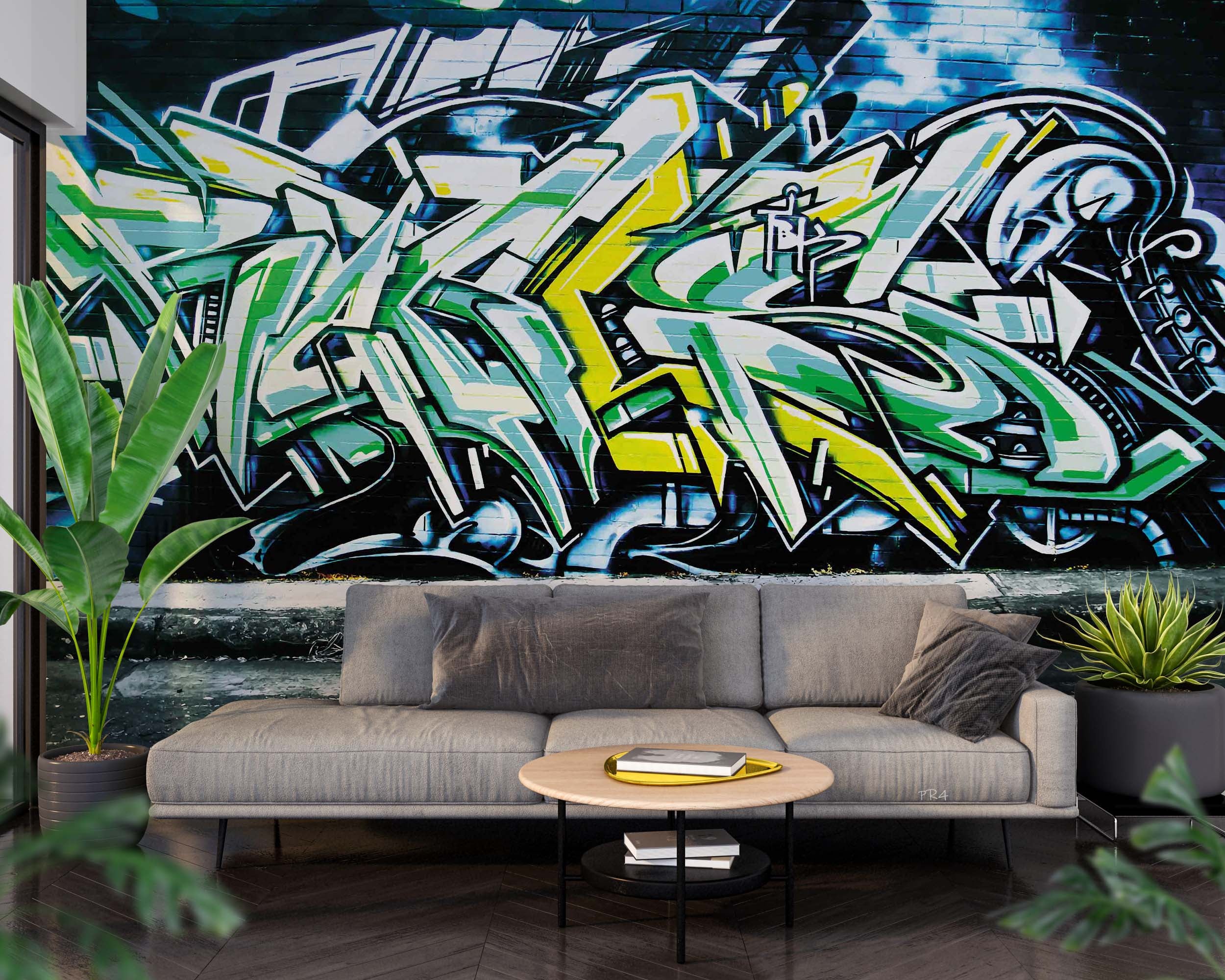 Graffiti Letter Blue Brick Wallpaper typography graffiti wall mural for teen room or studio - view 2