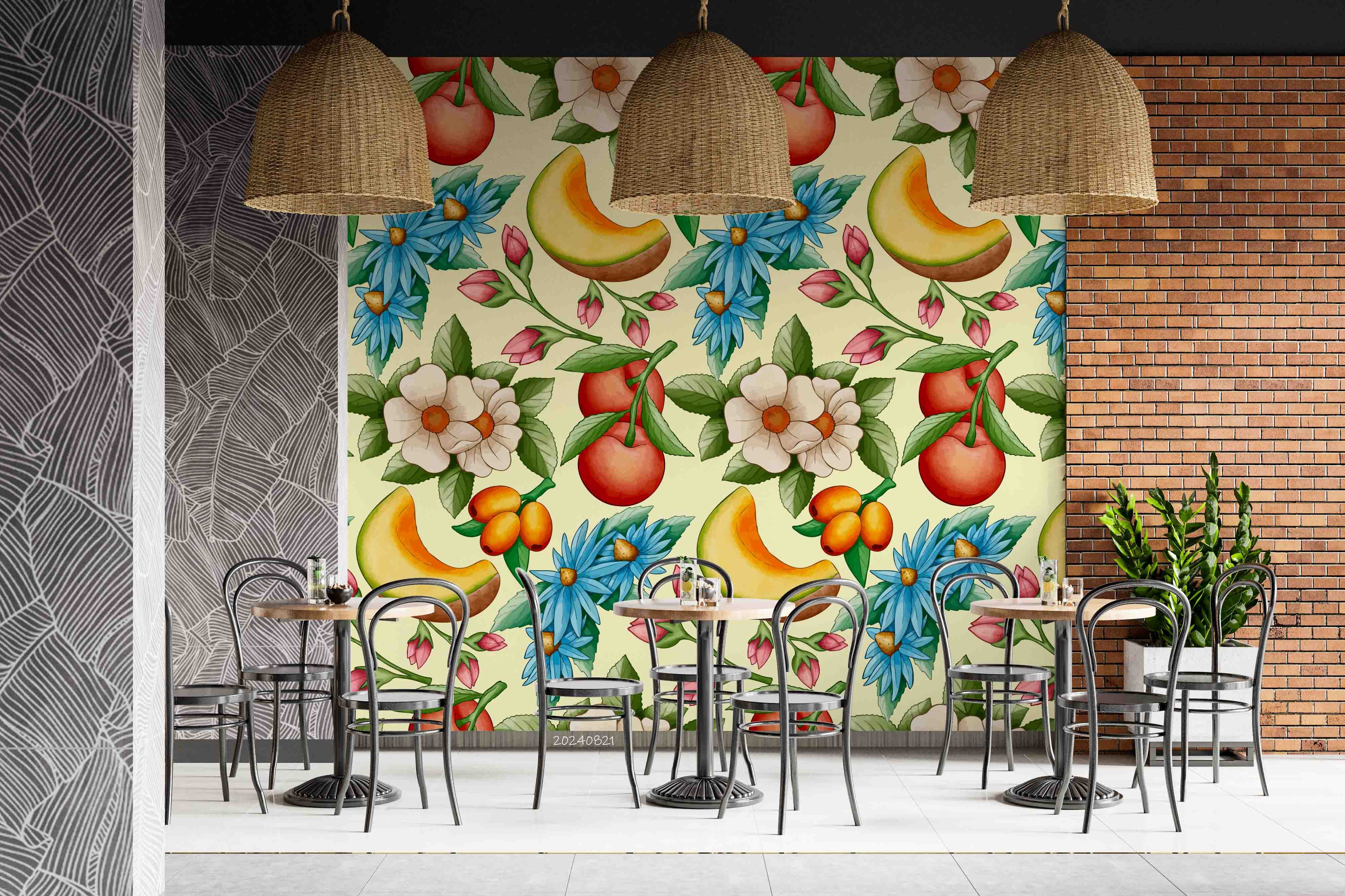 3D Floral Hami Melon Apple Leaf Wall Mural Wallpaper YXL 292