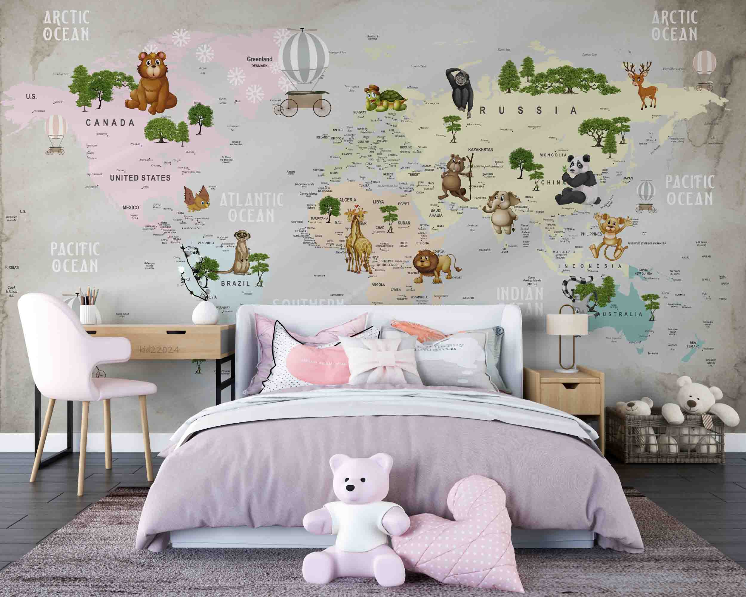 3D World Map Hydrogen Balloon Zoon Wall Mural Wallpaper YXL 356