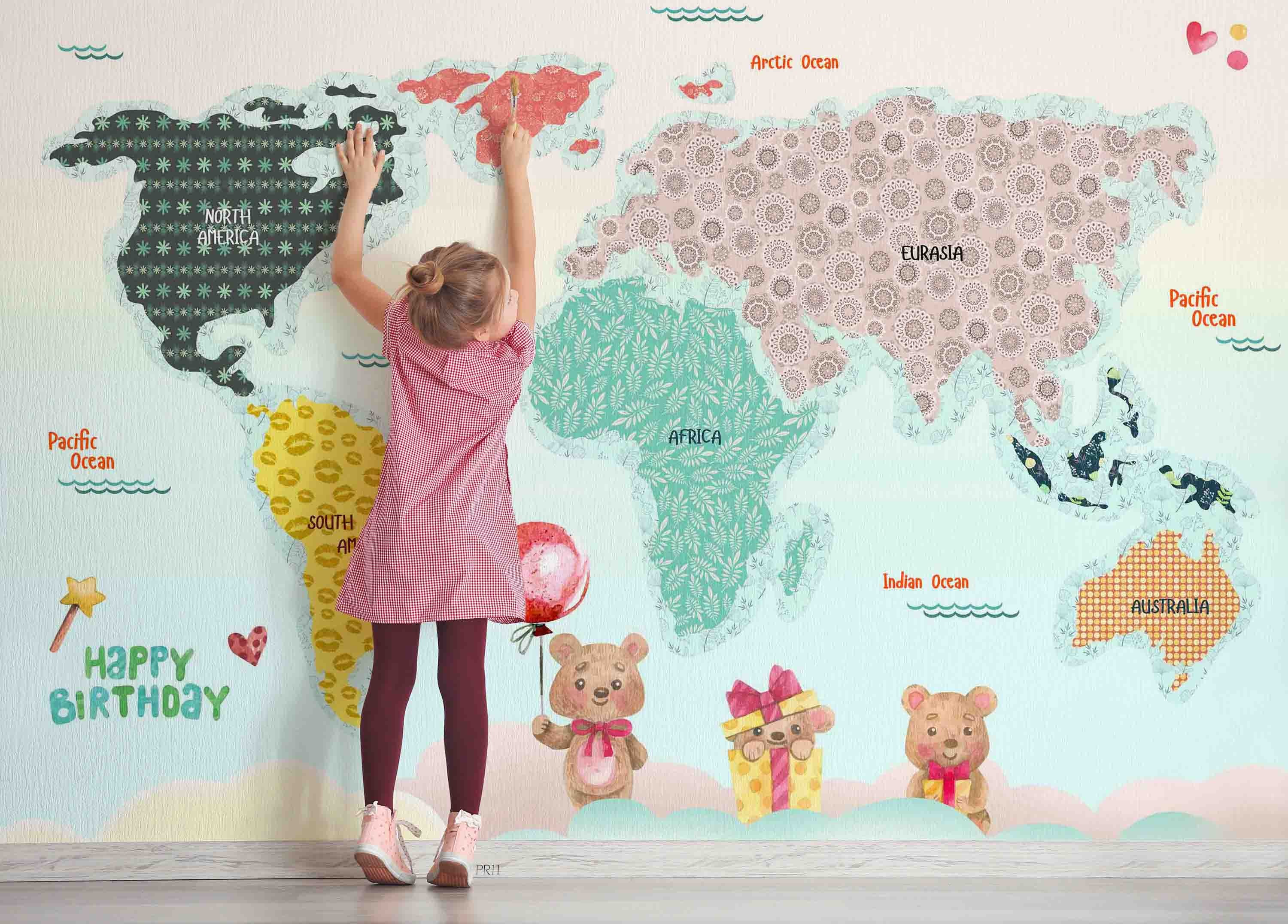 3D Cartoon Colorful World Map Wall Mural Wallpaper GD 4897- Jess Art Decoration