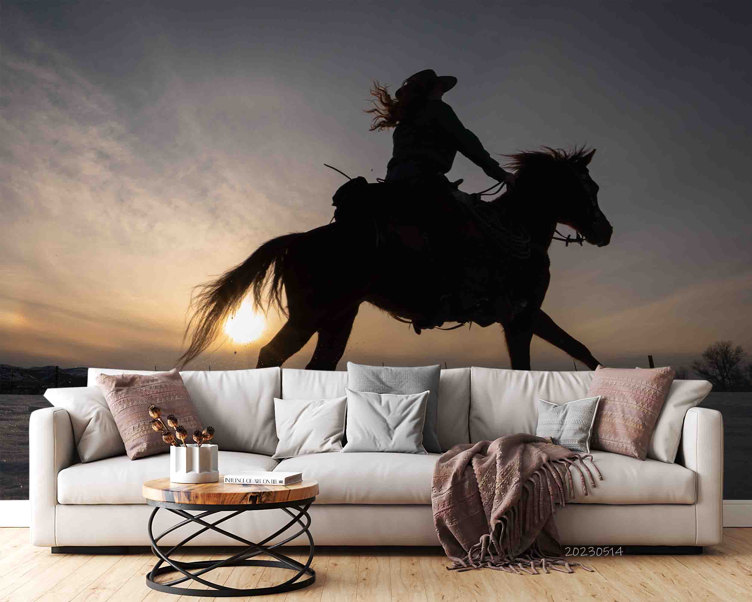 3D Cowgirl Horse Silhouette Wall Mural Wallpaper GD 5311- Jess Art Decoration