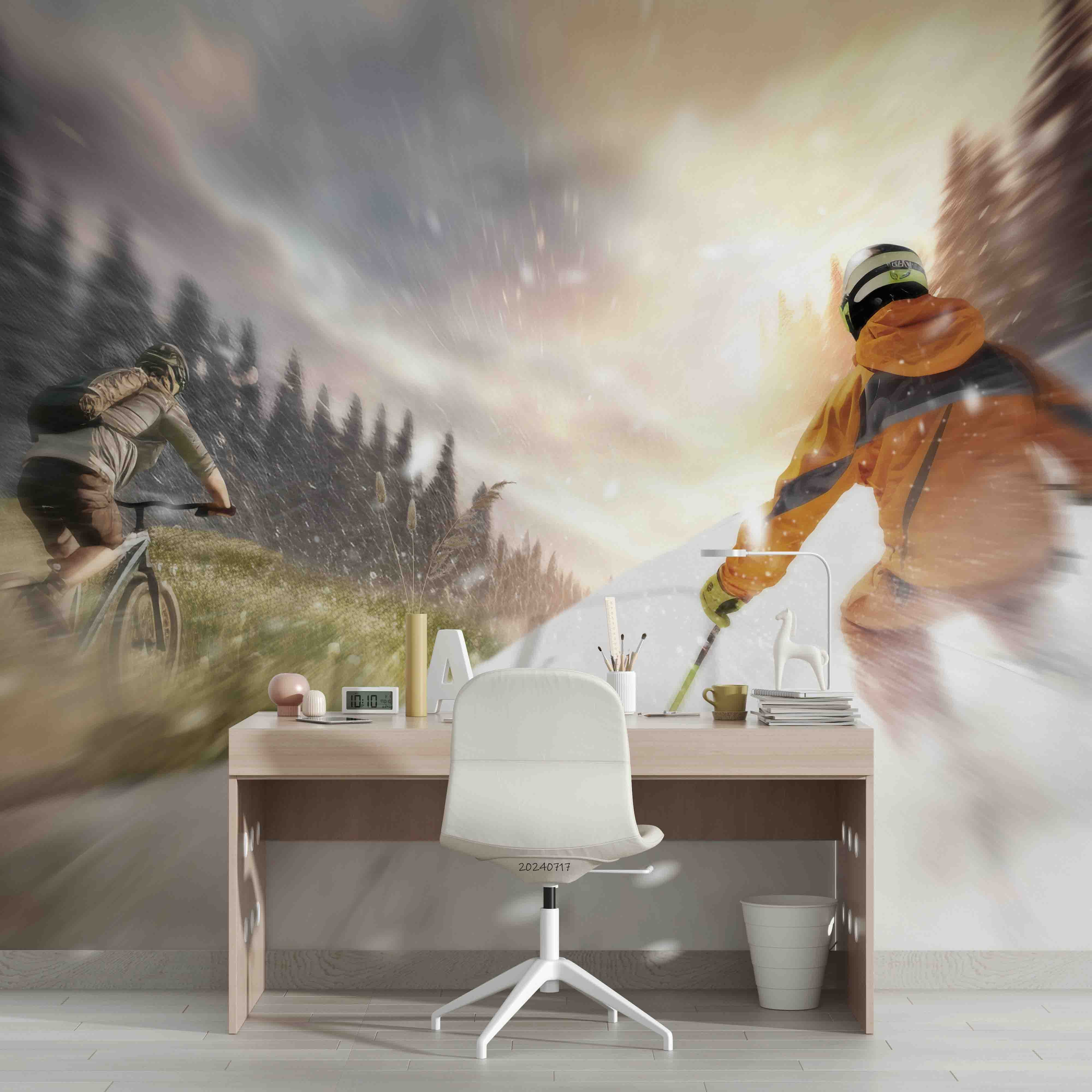3D Tree Skiing Person Snow White Wall Mural Wallpaper YXL 90