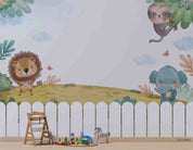 3D Cartoon Animals Kids Elephant Monkey Lion Scenery Wall Mural Wallpaper JN
