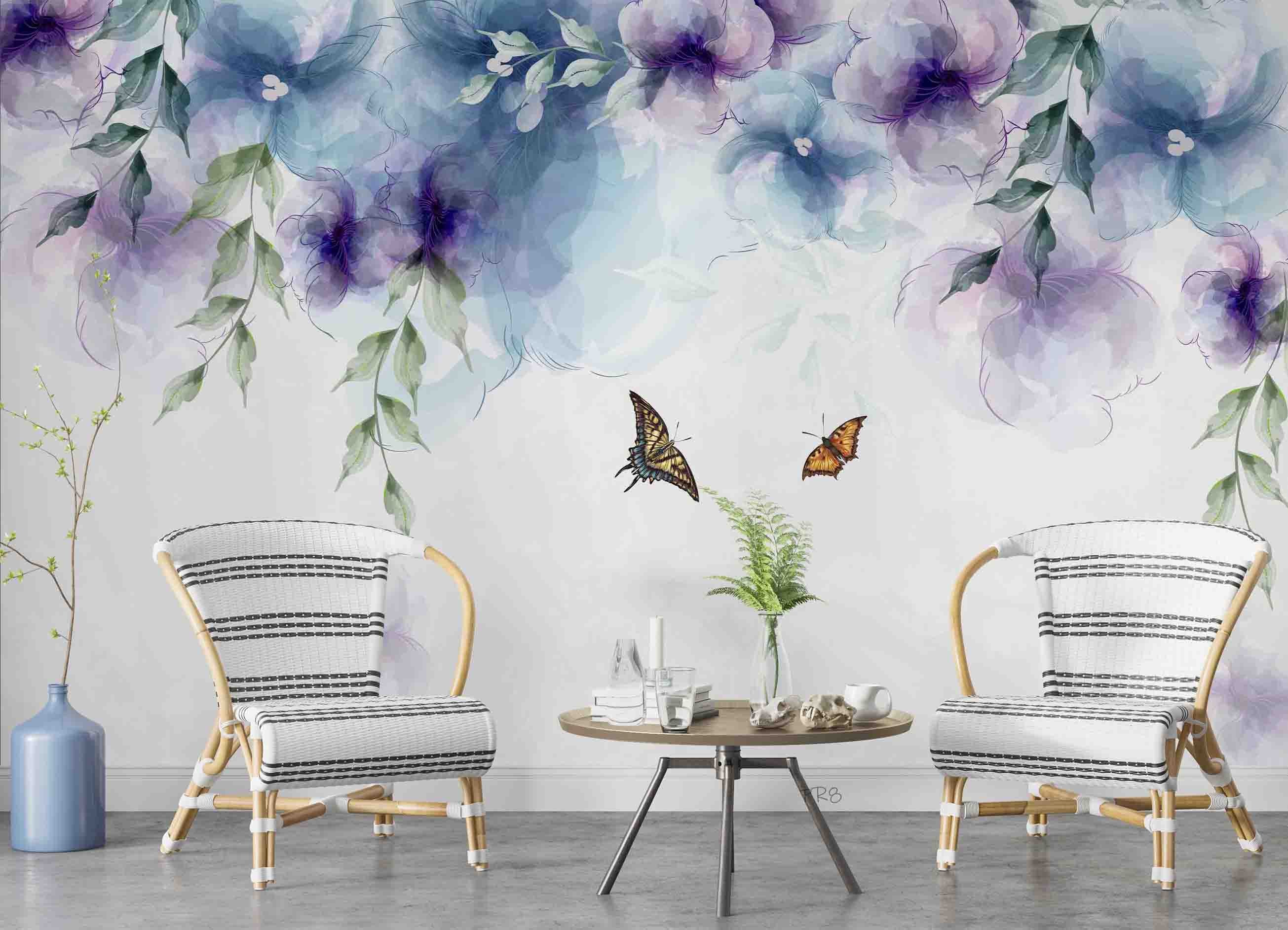 3D Watercolor Floral Leaves Butterfly Wall Mural Wallpaper GD 4531- Jess Art Decoration