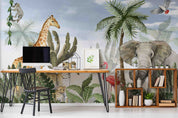 3D Animal Tree Giraffe Elephant  Flamingo Cheetah Parrot Monkey Wall Mural Wallpaper YXL 2556
