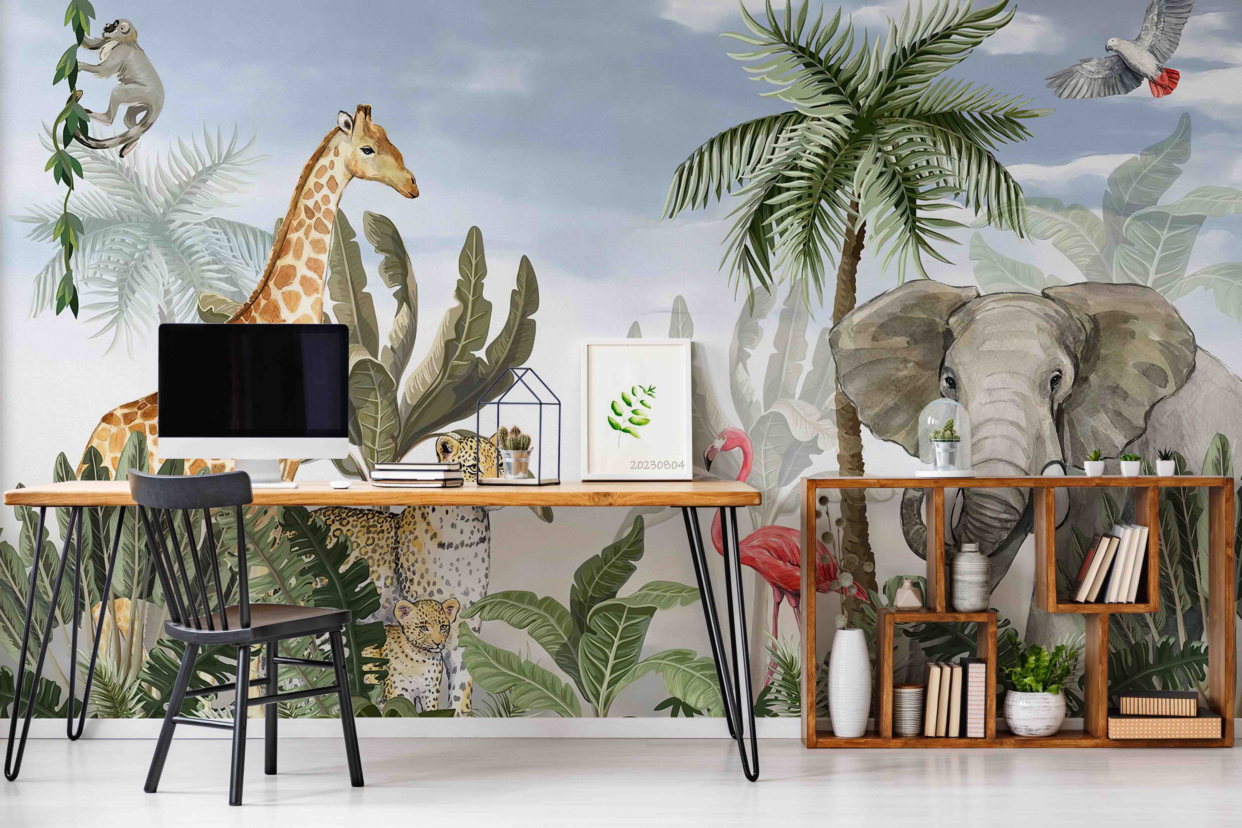 3D Animal Tree Giraffe Elephant  Flamingo Cheetah Parrot Monkey Wall Mural Wallpaper YXL 2556