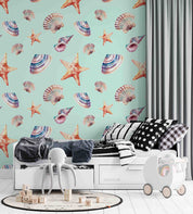 3D Animal Conch Starfish Sea Snail Blue Wall Mural Wallpaper YXL 44