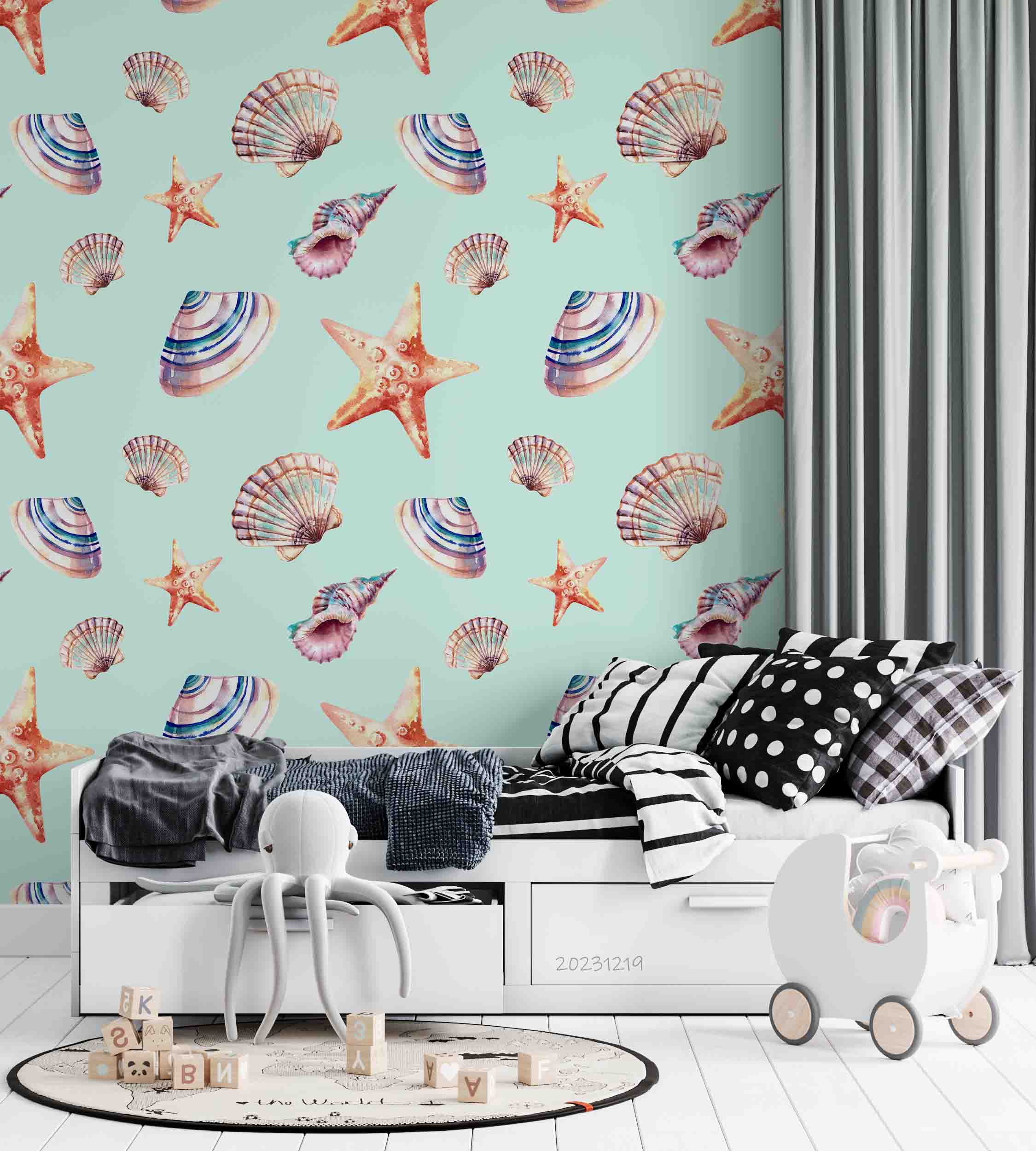 3D Animal Conch Starfish Sea Snail Blue Wall Mural Wallpaper YXL 44