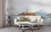 3D Building Lake Mountains Fog Autumn Landscape Wall Mural Wallpaper JN 401