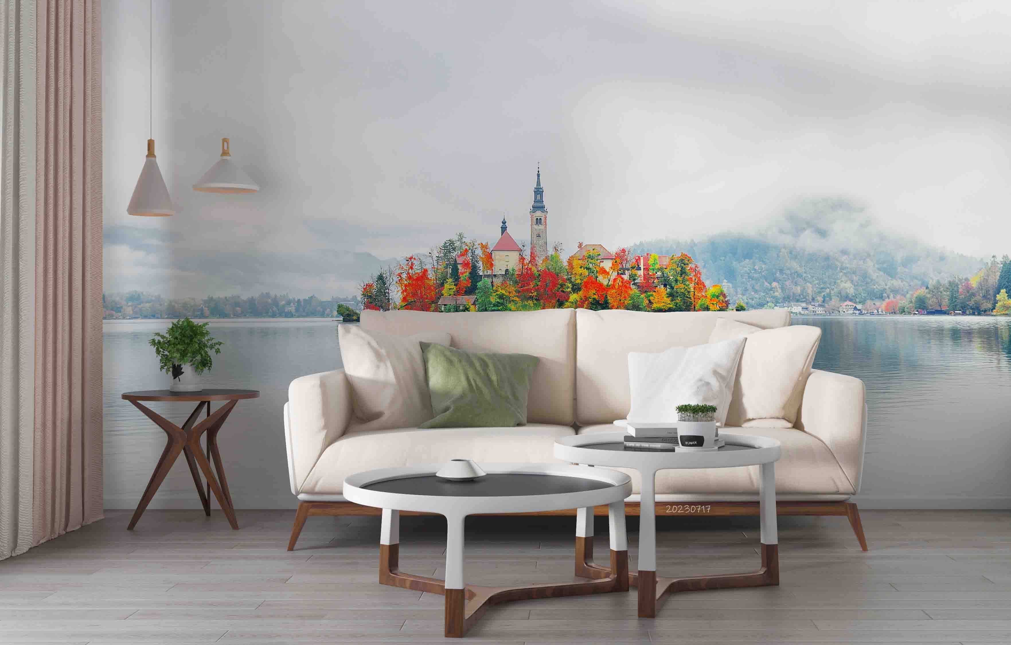 3D Building Lake Mountains Fog Autumn Landscape Wall Mural Wallpaper JN 401