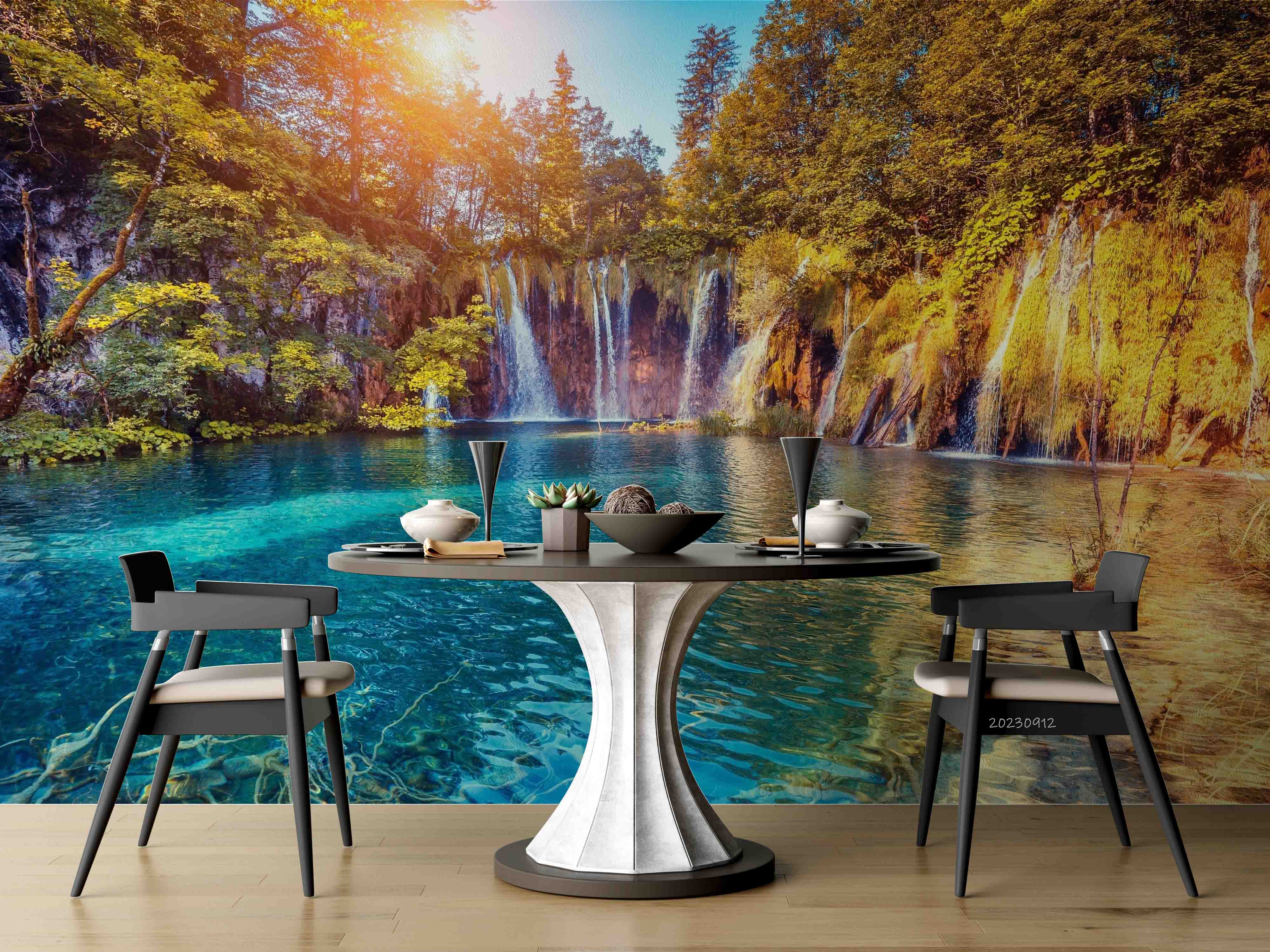 3D Mountain Tree Sunlight Sea Waterfall Wall Mural Wallpaper YXL 2624