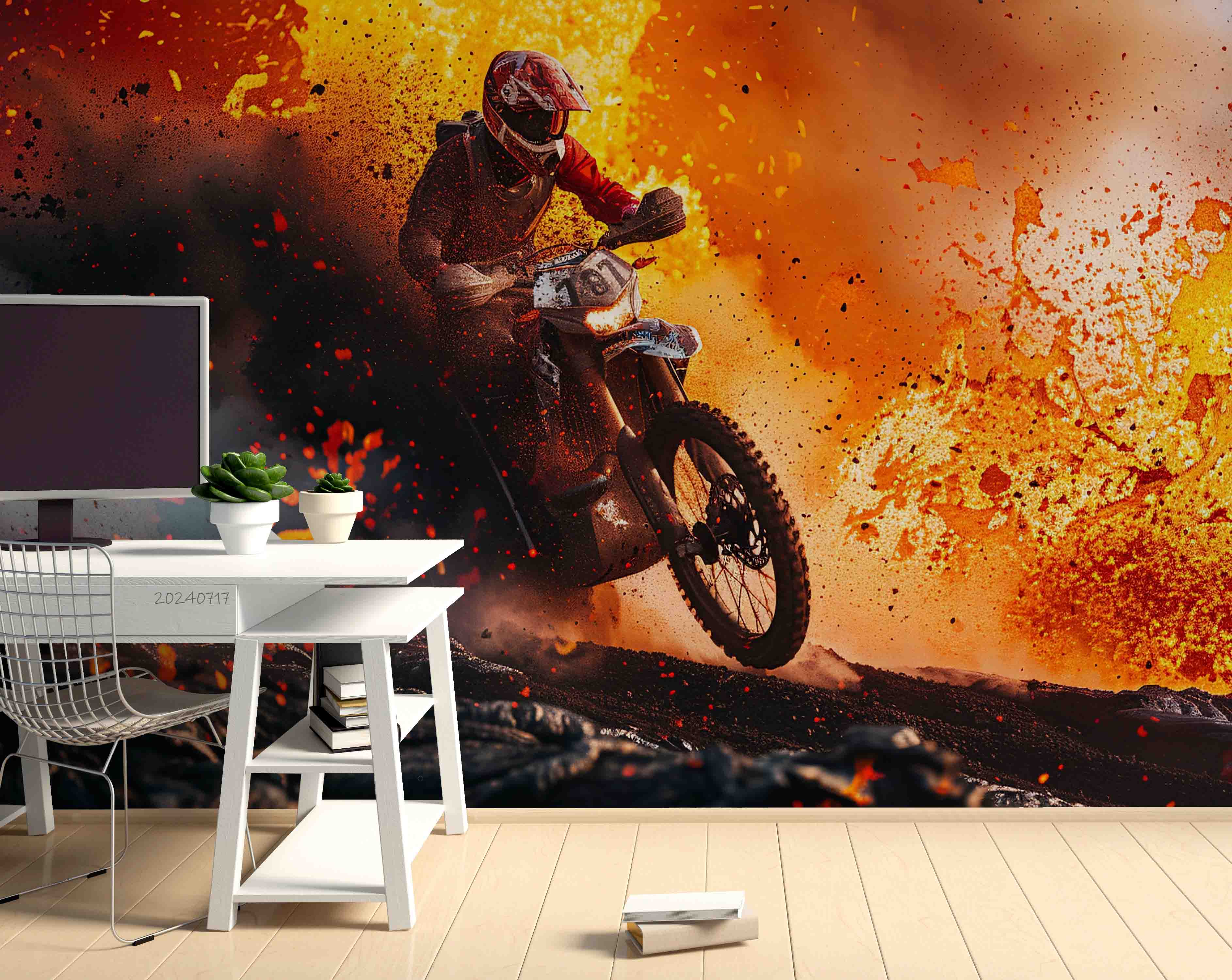 3D Volcano Person Motorbike Fog Wall Mural Wallpaper YXL 78