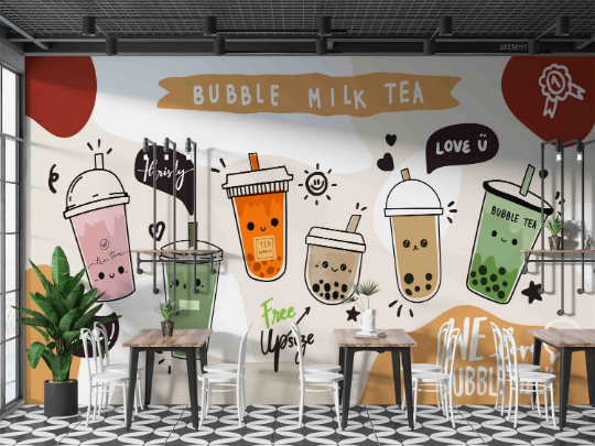 Milk Tea Red Beans Letter White Wallpaper cafe & food wall mural for cafe, restaurant or shop interior