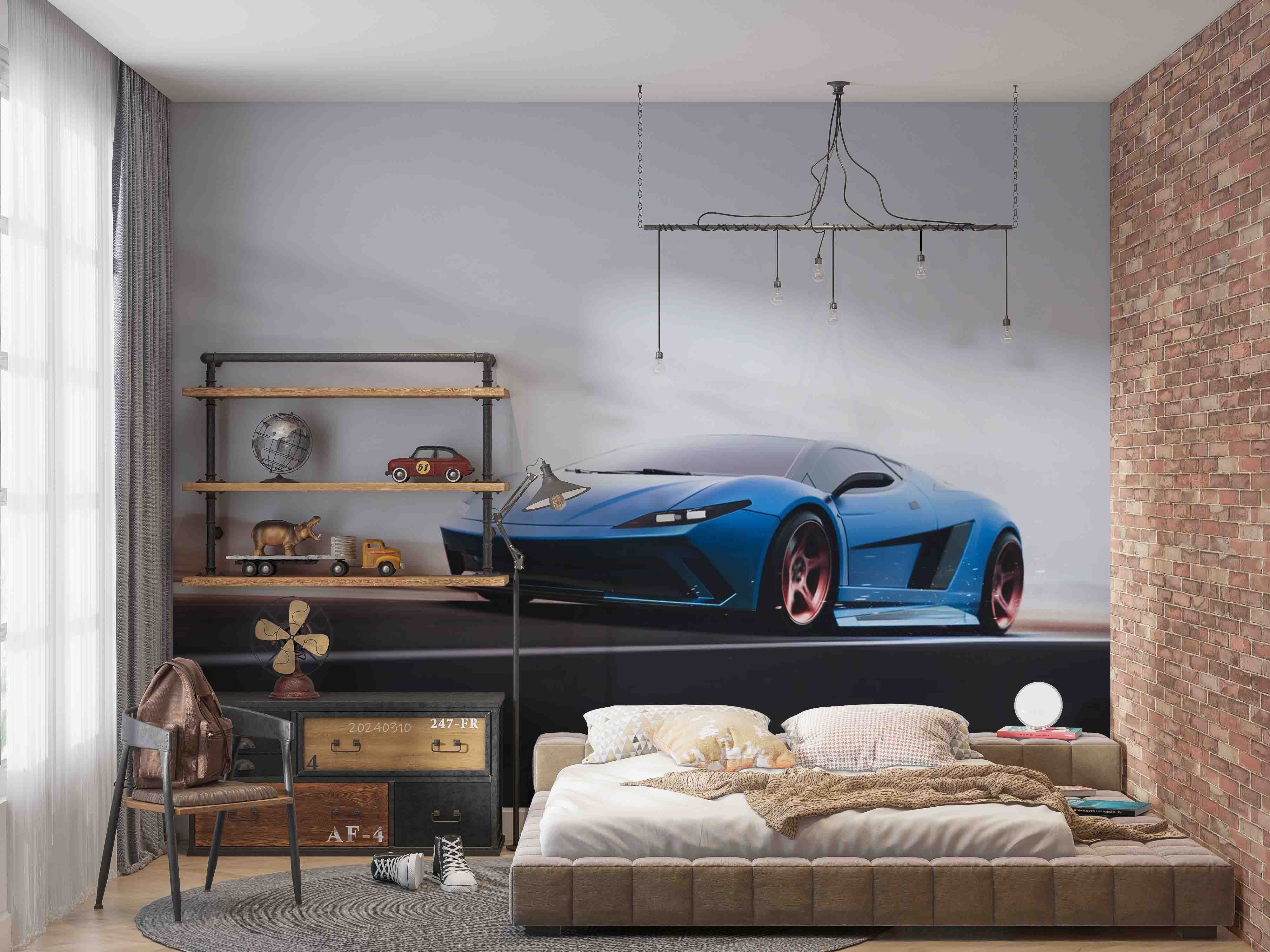 3D Blue Sports Car Wallpaper Wall Mural Wall Decor Wall Art Wall Sticker Remoable Wallpaper