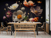 3D Hand Drawn White Floral Dark Background Wallpaper Wall Mural Wall Decor Wall Art Wall Sticker Remoable Wallpaper
