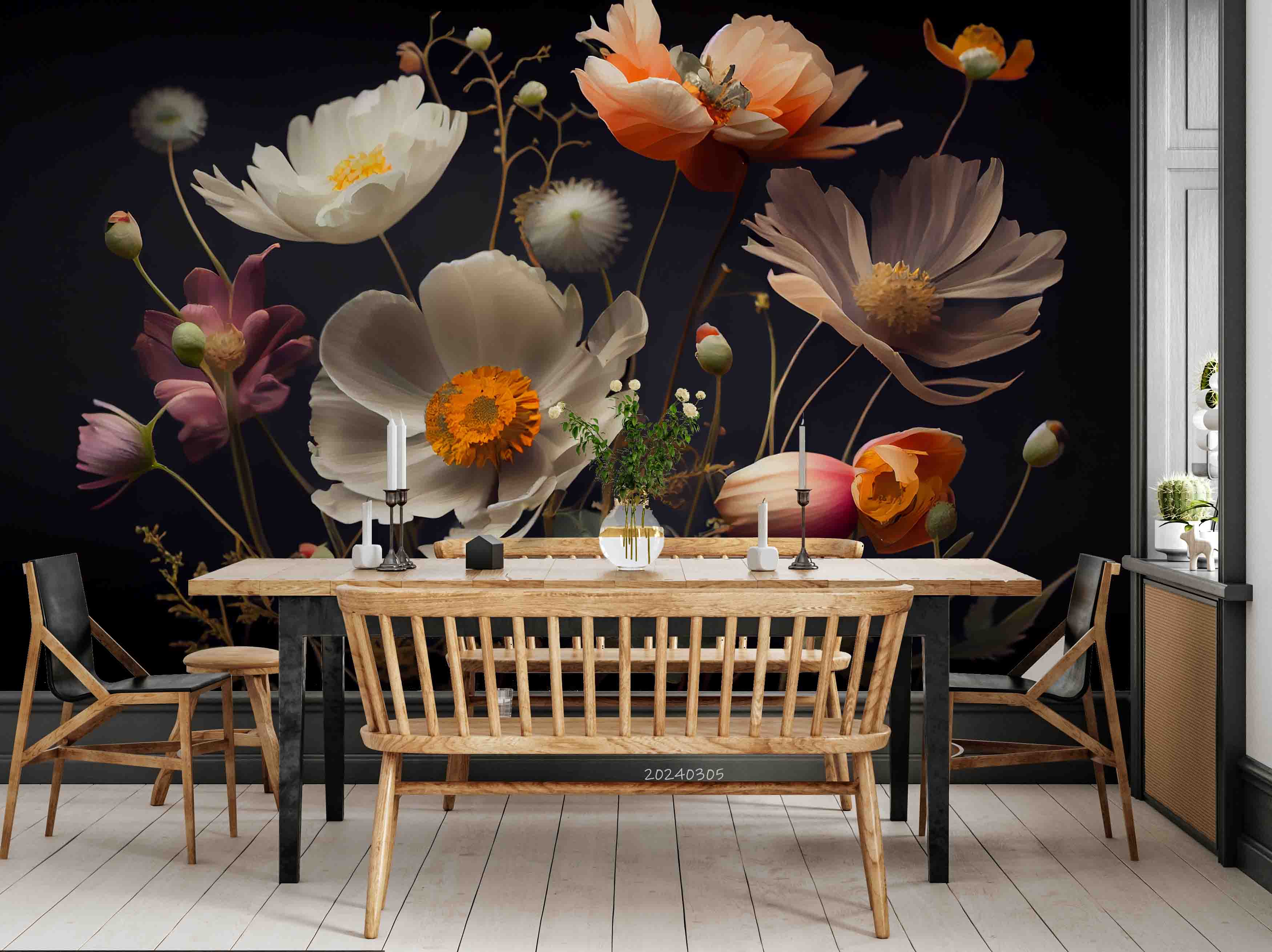 3D Hand Drawn White Floral Dark Background Wallpaper Wall Mural Wall Decor Wall Art Wall Sticker Remoable Wallpaper