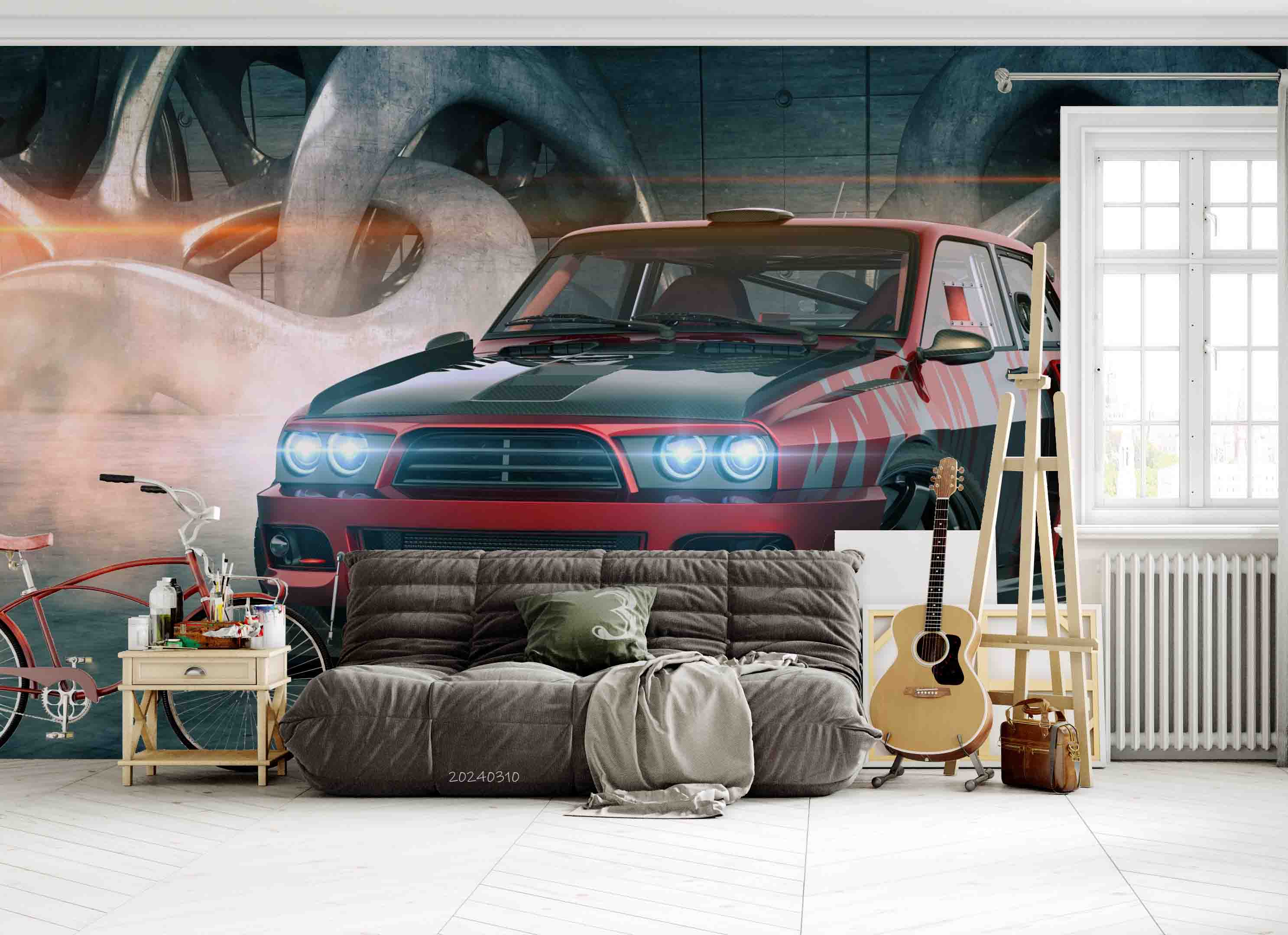 3D Red Sports Car Pattern Wallpaper Wall Mural Wall Decor Wall Art Wall Sticker Remoable Wallpaper