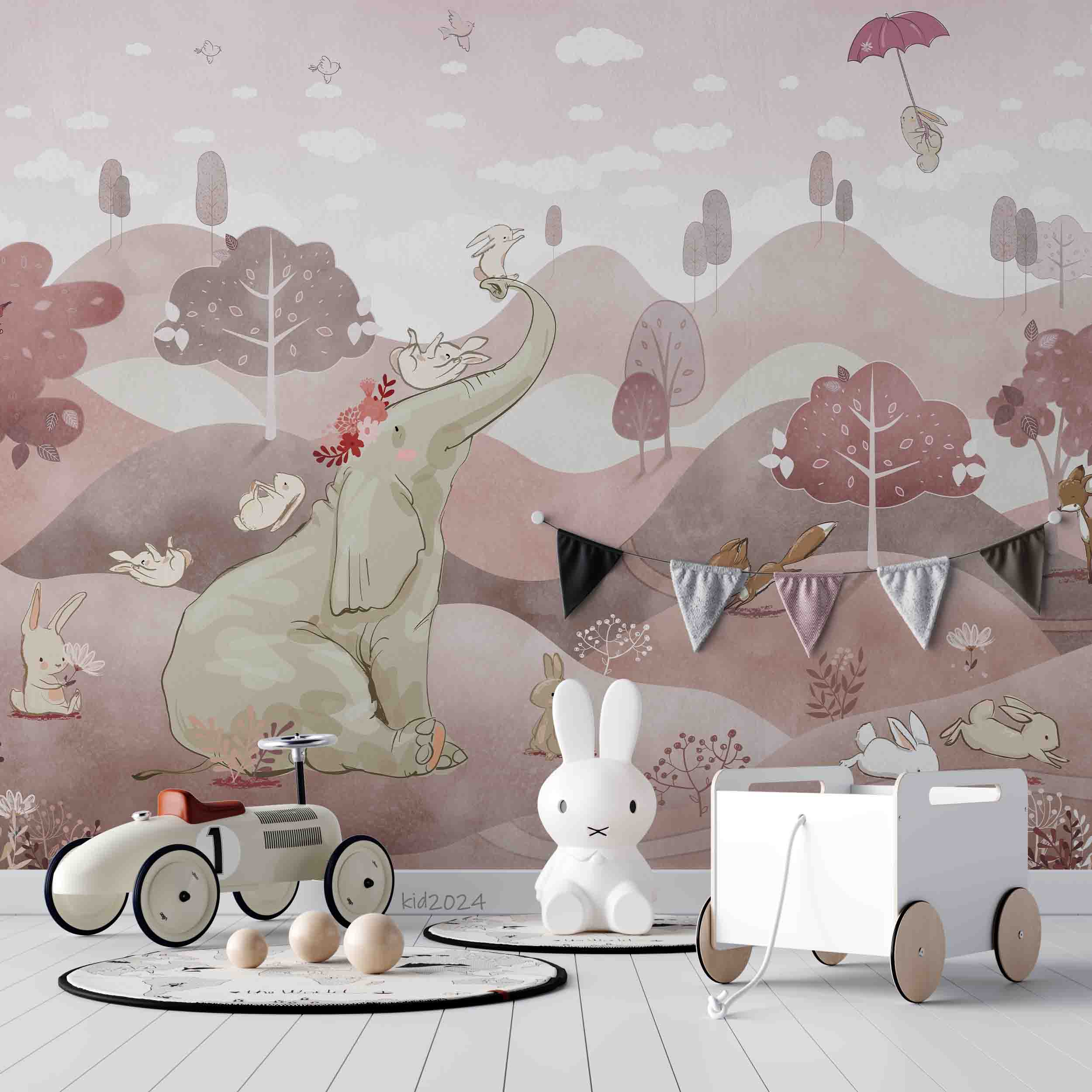 3D Tree Fox Elephant Rabbit Bird Umbrella Wall Mural Wallpaper YXL 392